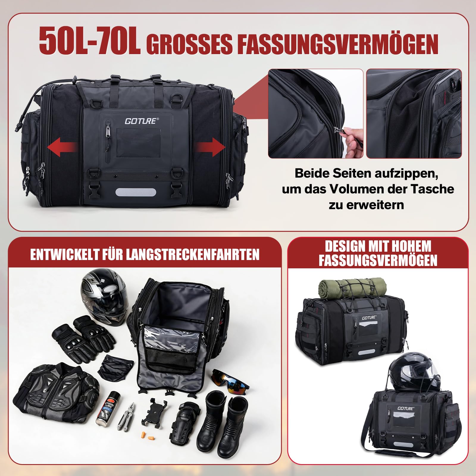 Goture Motorrad Hecktasche 50-70L Erweiterbar Wasserdicht 1000D Cordura | Formstabile Motorradtasche mit rutschfestem Boden für Touring, Reise & Camping - robust, langlebig & einfach zu montieren