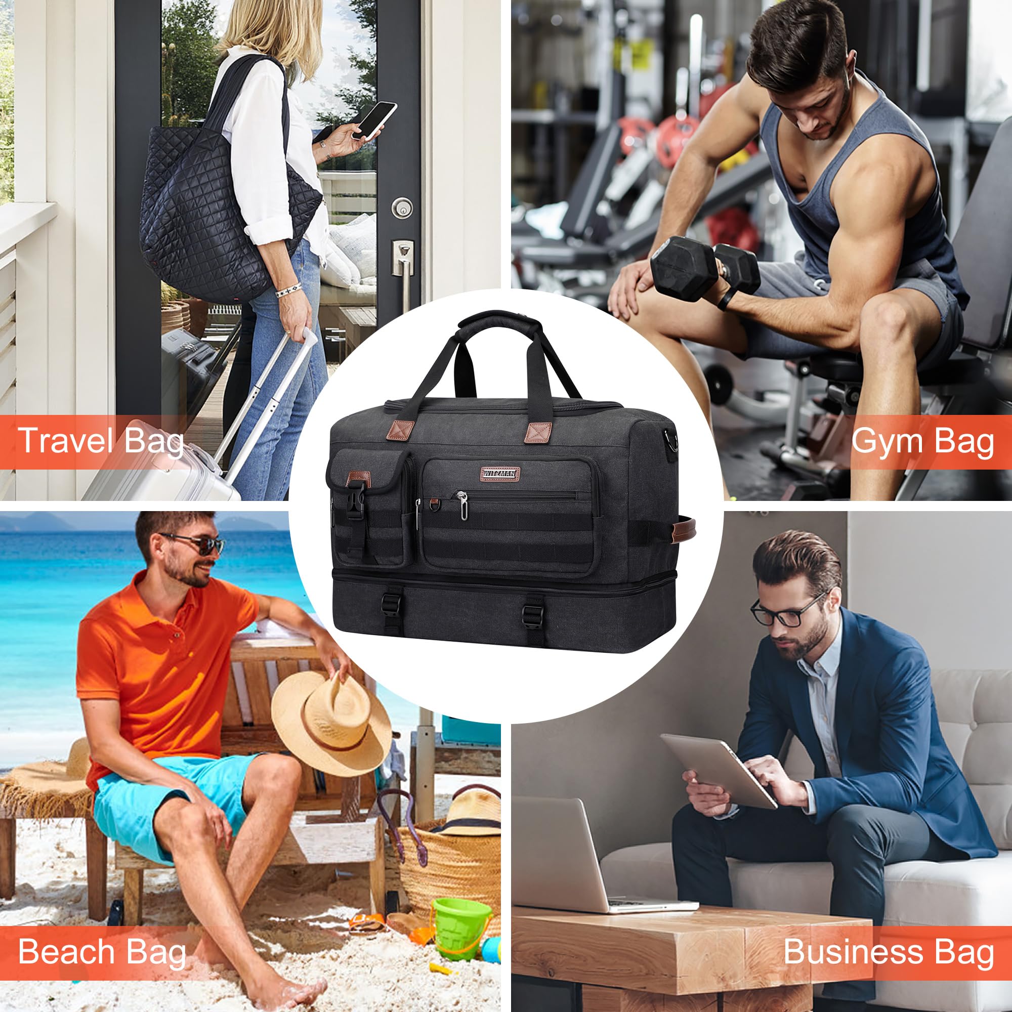 WITZMAN Reisetasche Herren 50L Canvas Wochenendtasche mit Kulturbeutel-Sets | Mit Schuhfach und Nass-Trennfach, Konvertierbar, Handgepäck Flugzeug, Eine für Reisen, Weekender, Sport, A8010/2 Schwarz
