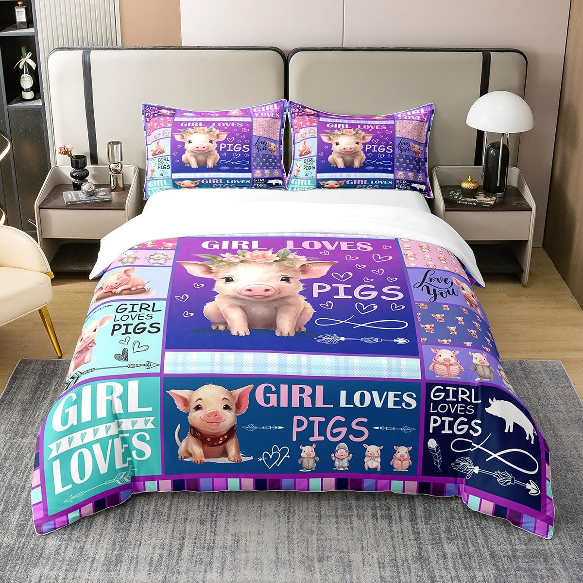 Kids Cute Pig Bedding Set King Size Galaxy Pig Animals Duvet Cover 100% Cotton for Boys Girls Teens Bedroom Decor Farmhouse Comforter Cover Set Women Men Pig Floral Bedspread Cover With 2 Pillow Case