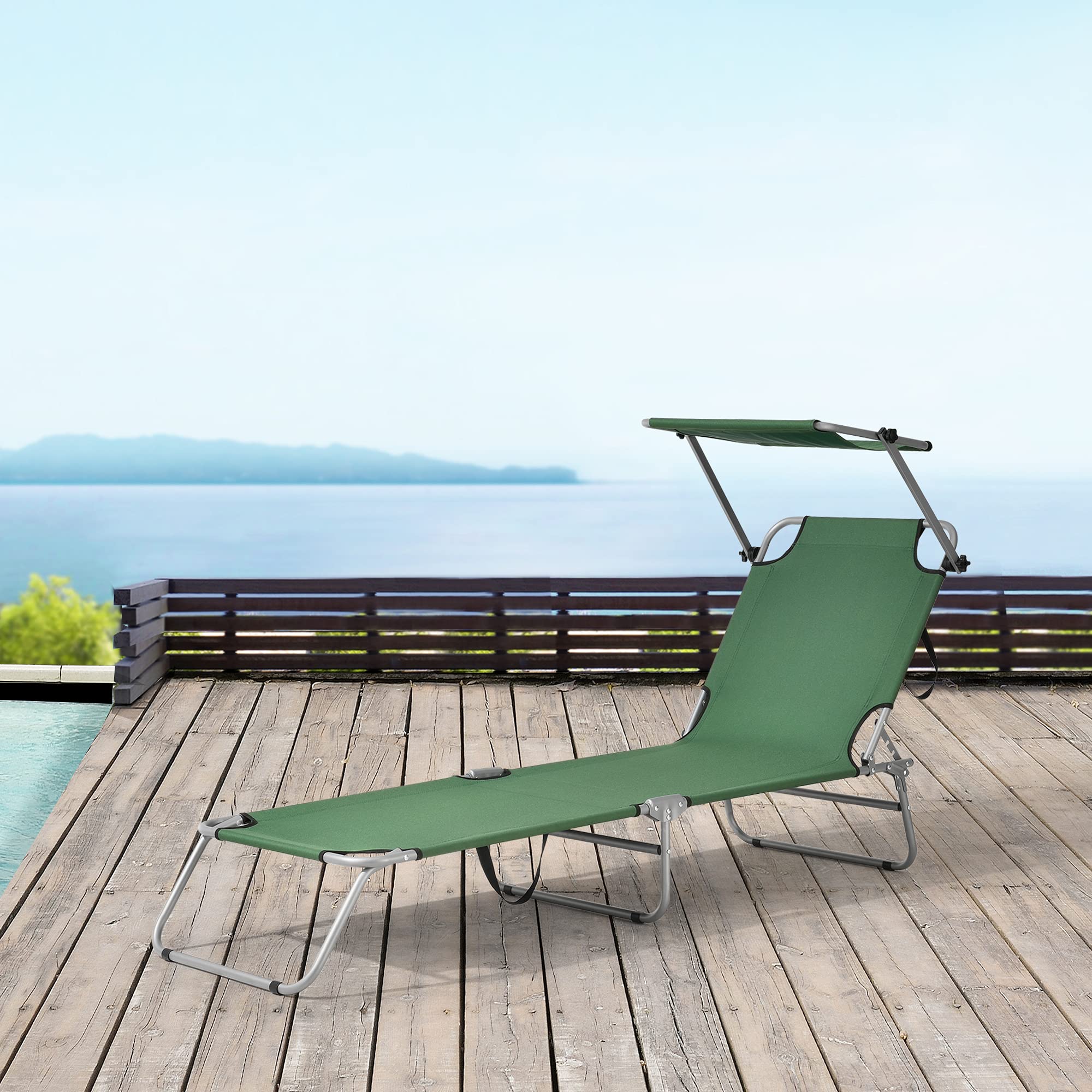 casa.pro Lettino Prendisole Portatile Sdraio con Tettuccio Parasole Regolabile Lettino con Schienale Reclinabile Struttura Pieghevole Supporto Peso 110 kg - Verde Scuro