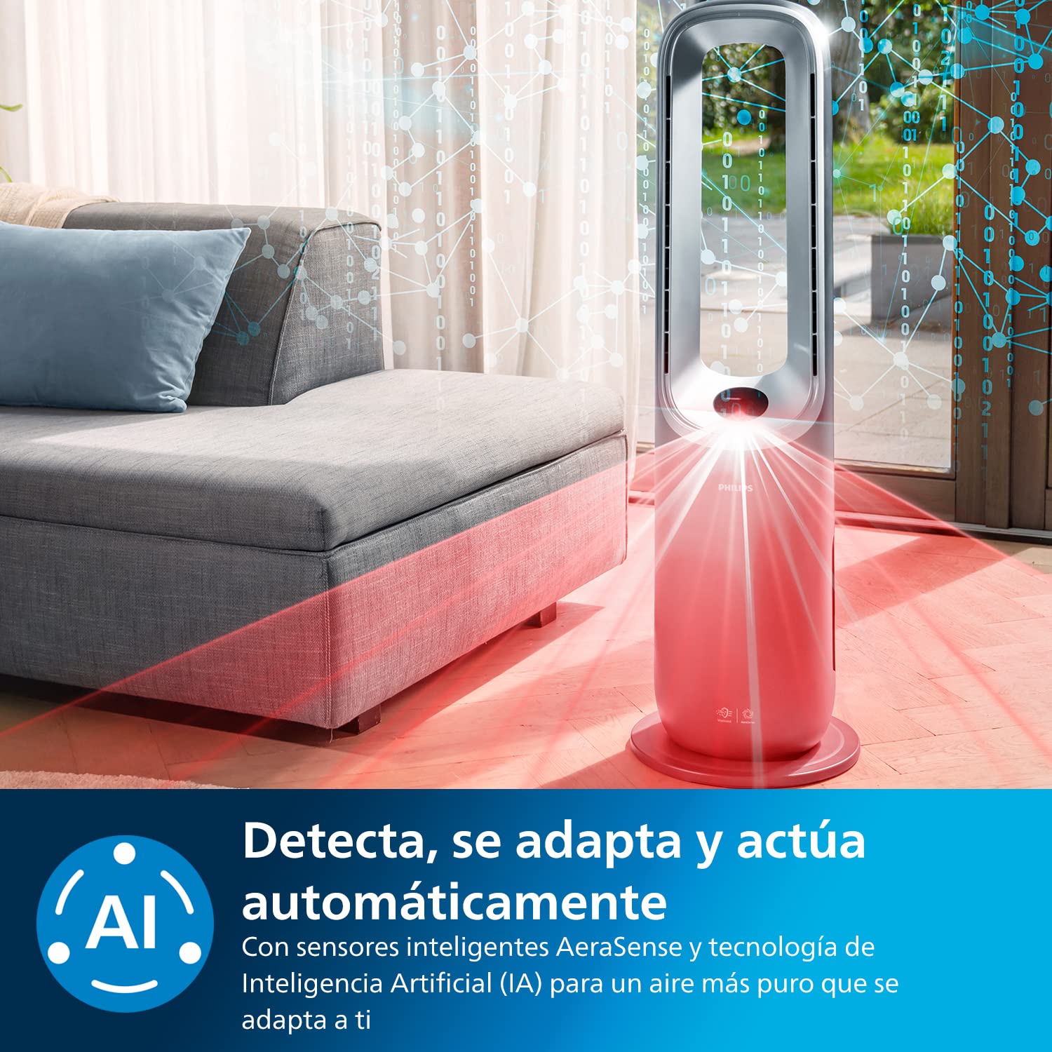 Philips Air Performer 3en1: Purificador, calefactor y ventilador - 70 m², elimina el 99,97% de los alérgenos. Filtro HEPA, Sensores inteligentes, Alexa, App. Silencioso y bajo consumo (AMF870/15)