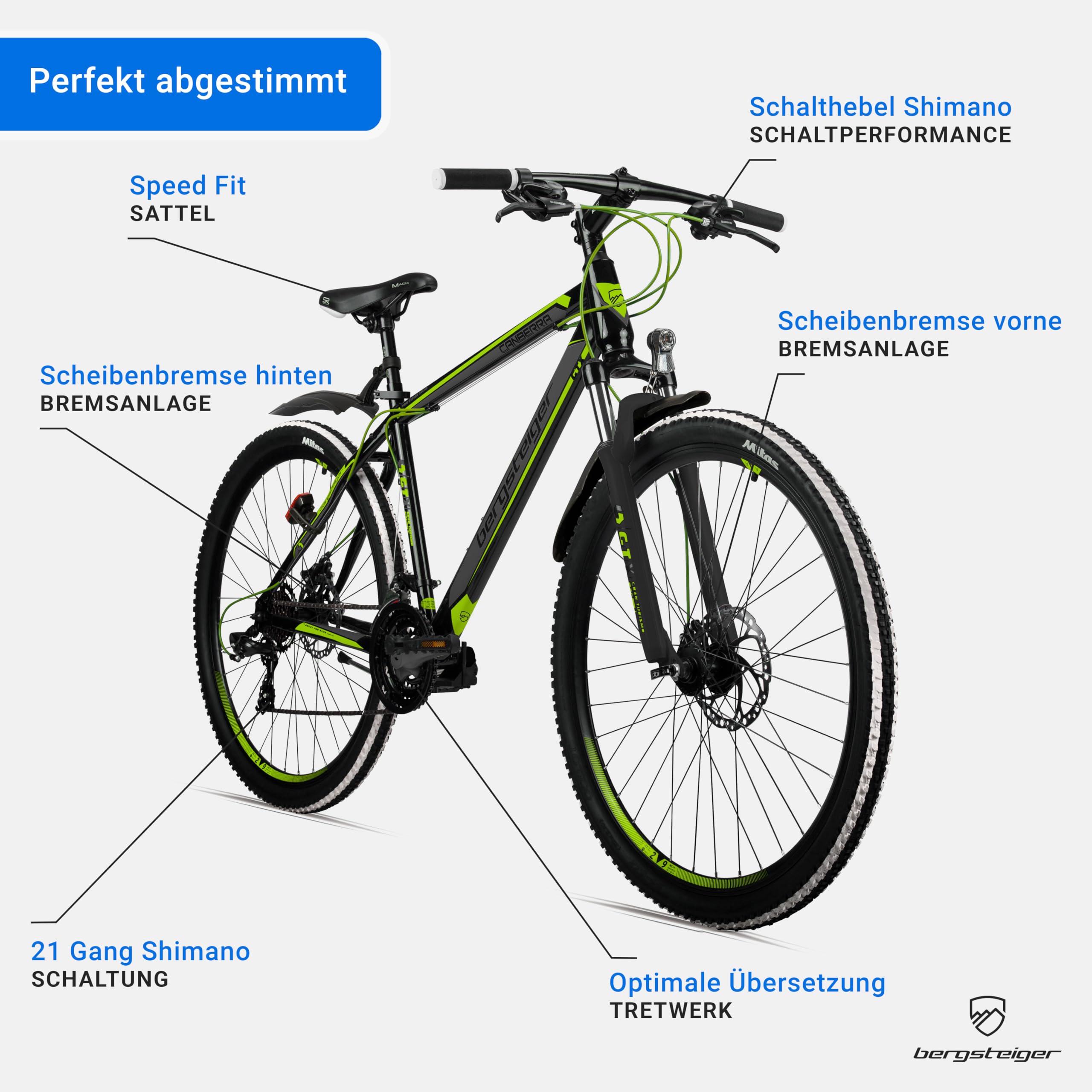 Bergsteiger Canberra 26/29 Zoll Mountainbike Hardtail Aluminium Rahmen | Ideal für Schulweg und Gelände ab 155 cm Größe. Mit 18-Gang-Schaltung, Beleuchtung und zu 90 Prozent vormontiert.