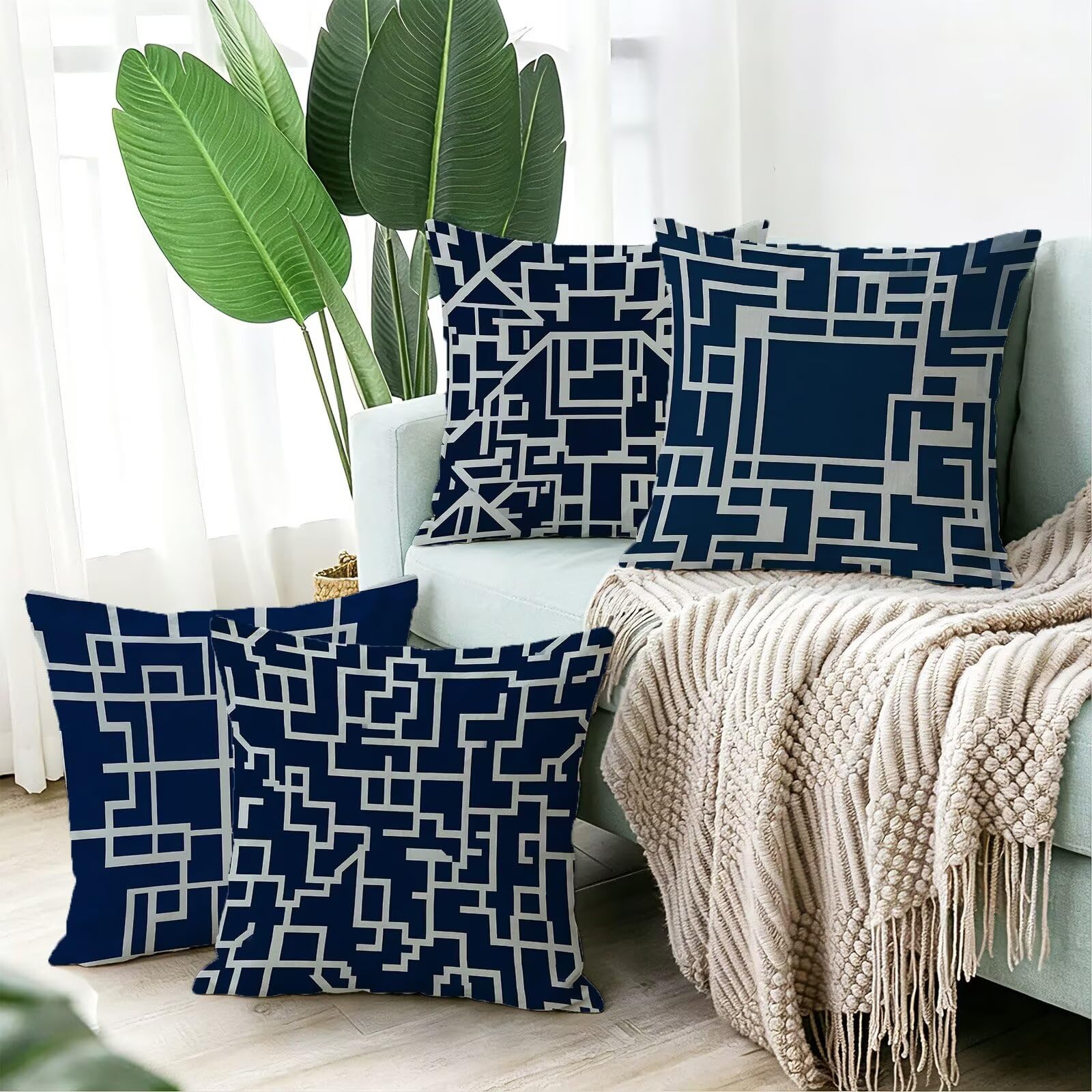 Blu Federe Cuscini Divano 60x60cm, Cuscini da Esterno Set de 4, Cod-44 | Lin Copricuscini Decorativi Letto Arredo, per Letto, Soggiorno, Giardino, Esterno, Casa Decorazione Set di 4 Astratto
