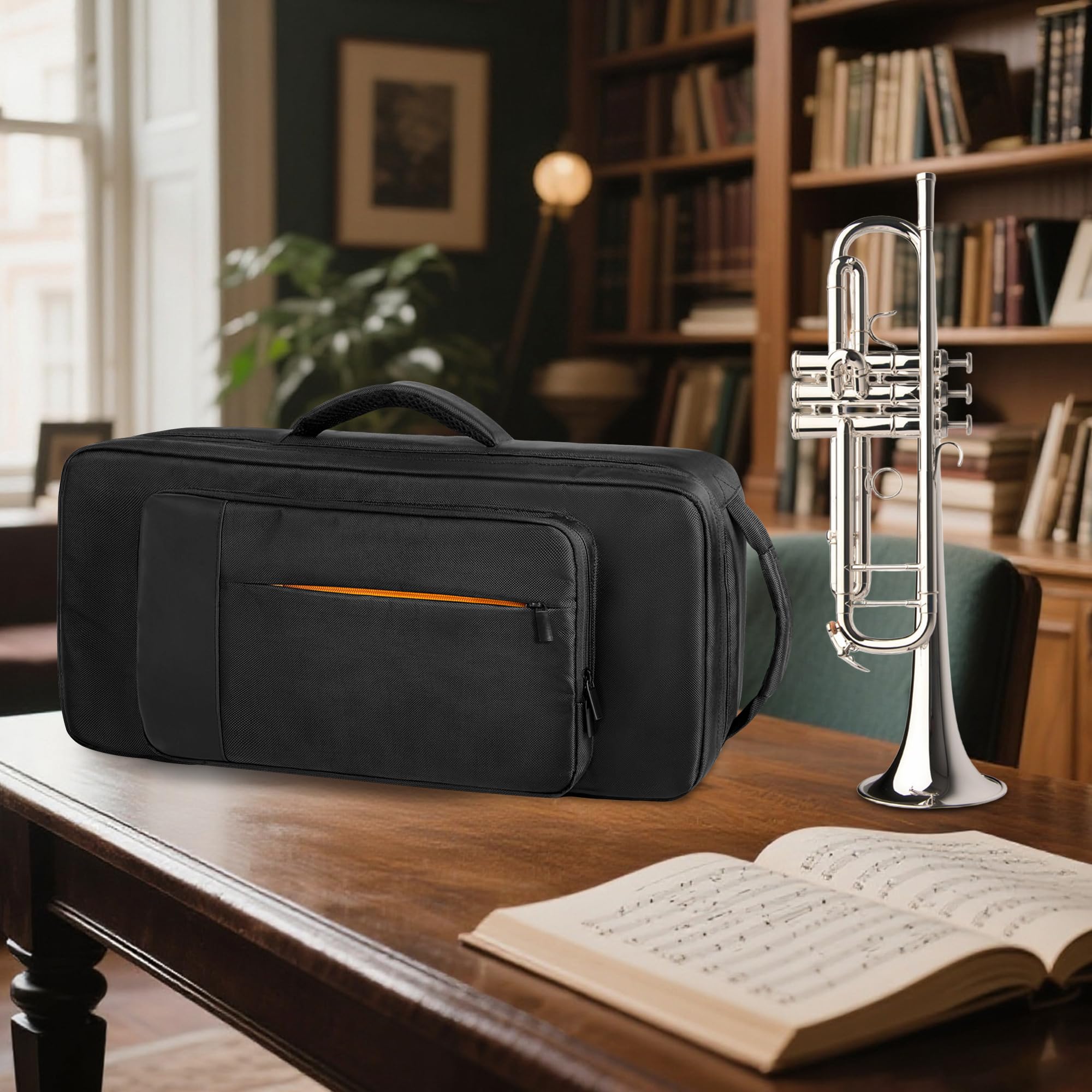 LoDrid Mochila de Almacenamiento para Trompeta, Estuche de Transporte para Instrumentos Musicales con Forro de Algodón Grueso, Bolsillo Separado para 2 Sordines, 2 Formas de Transporte, Negro