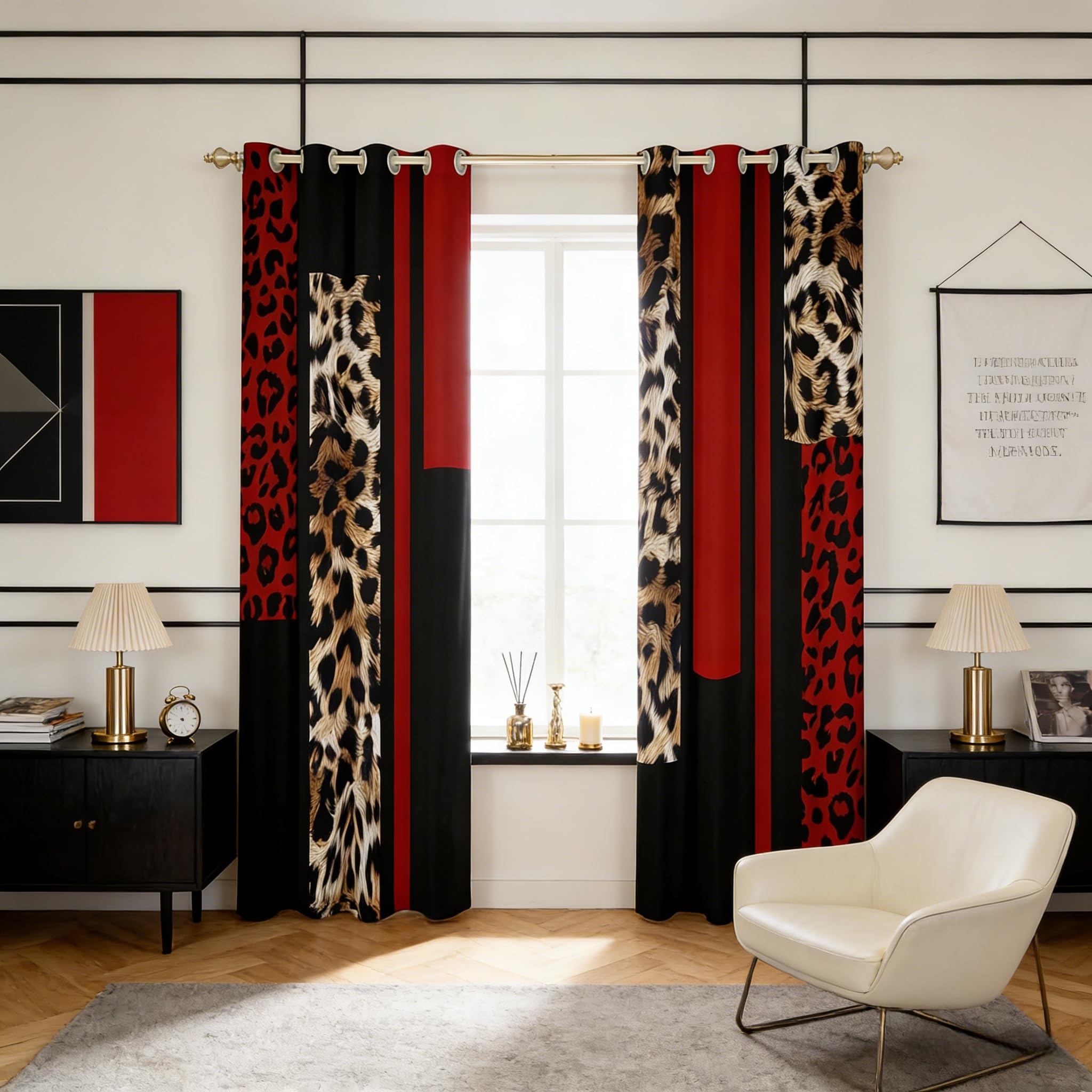 Rideaux de fenêtre imprimé léopard marron et rouge, tenture géométrique patchwork 132x213