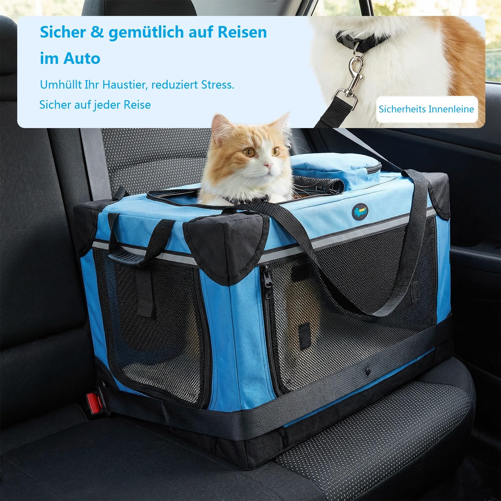 Ownpets 60x40cm Klappbarer Hundekäfig für Katze&Hundewelpe, Tragbarer Reisehundekäfig, 4-Türiger Faltenbarer Haustierkäfig mit Robusten Netzfenstern und Weicher Matte, Blau