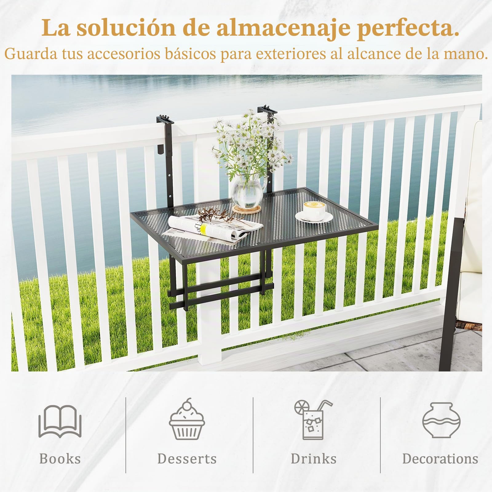 GIANTEX Mesa de Balcón Plegable, Mesa Auxiliar Metálica para Barandilla | 60,5x40,5x82,5cm, Mesita con 5 Alturas Ajustables, Marco de Metal, Tablero de Malla, para Terraza