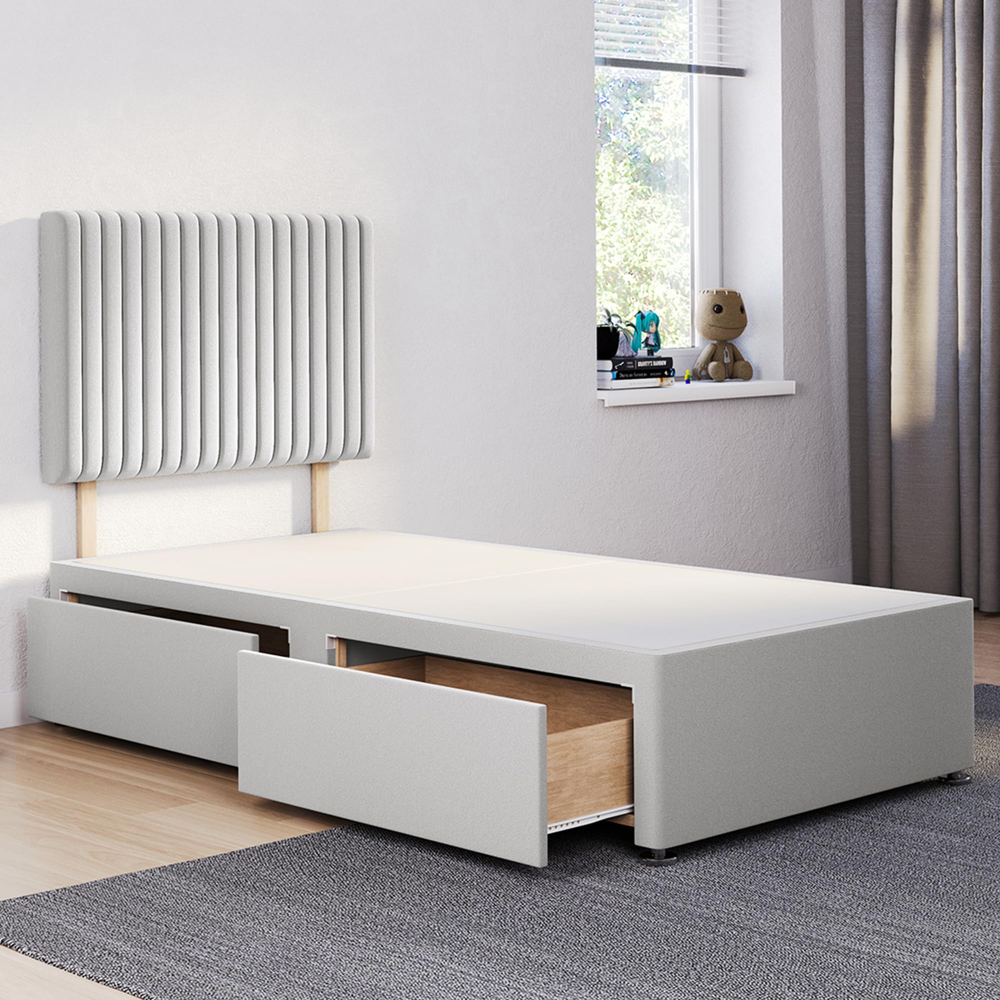 ComfoRest - Sophisticated 3FT Single Divan Bed with 2 Drawers & 24" Malia Headboard | Versatile Frame with Storage and a Sturdy Base for Modern Homes (Silver Plush)