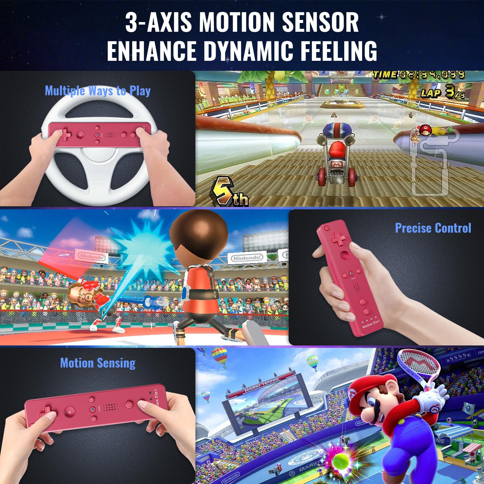 Gamrombo Motion Plus Lot de 4 manettes Wii compatibles avec Wii/Wii U avec étui en silicone et dragonne (blanc, noir, rose, bleu)