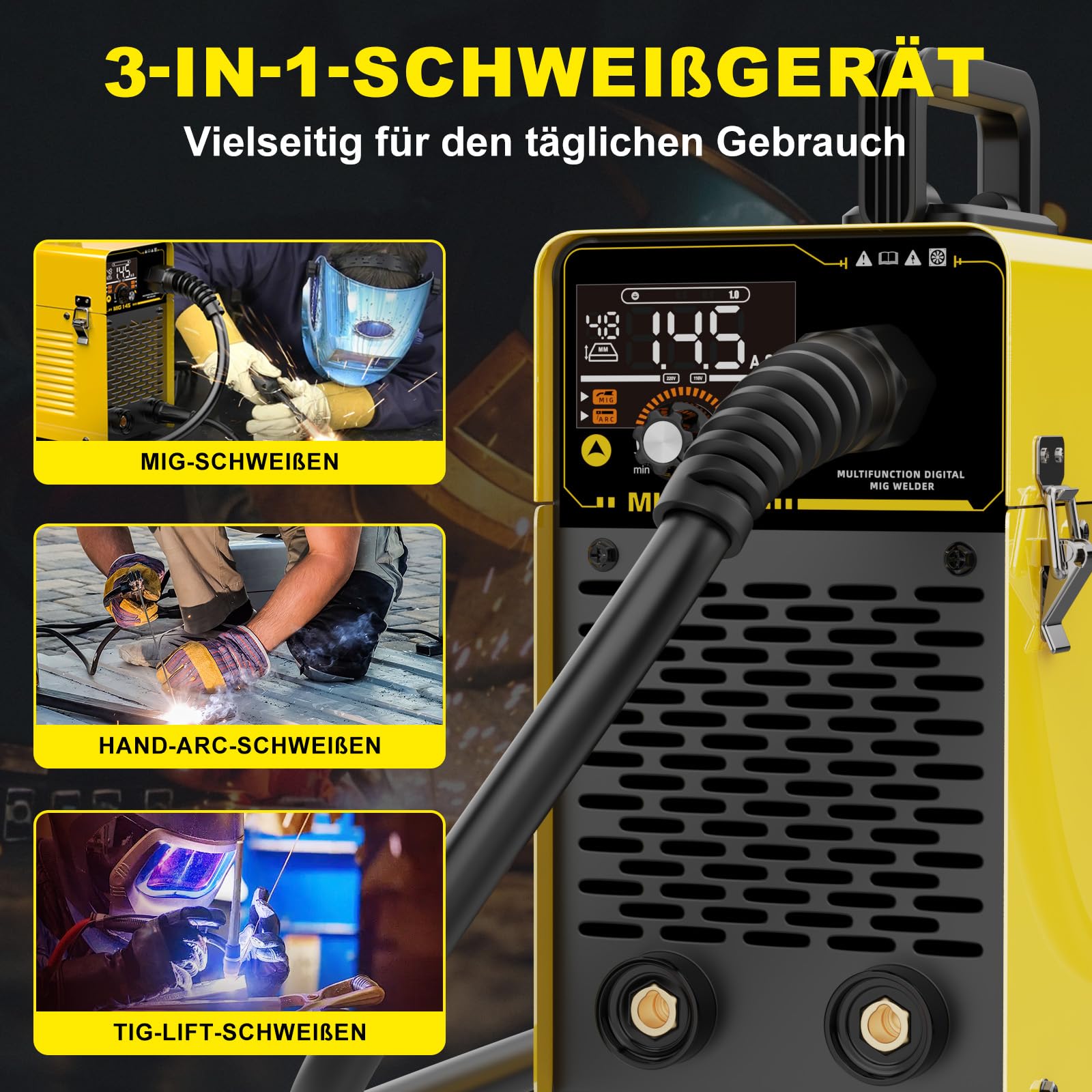 Haxiaoer 145A 3-In-1 Fülldraht Schweißgerät Ohne Gas,LED Licht | 3-In-1, ARC/Flux MIG/MMA Lift WIG - Funktion,Kompakt Inverter Schweißgerät,Synergischer Drahtvorschub
