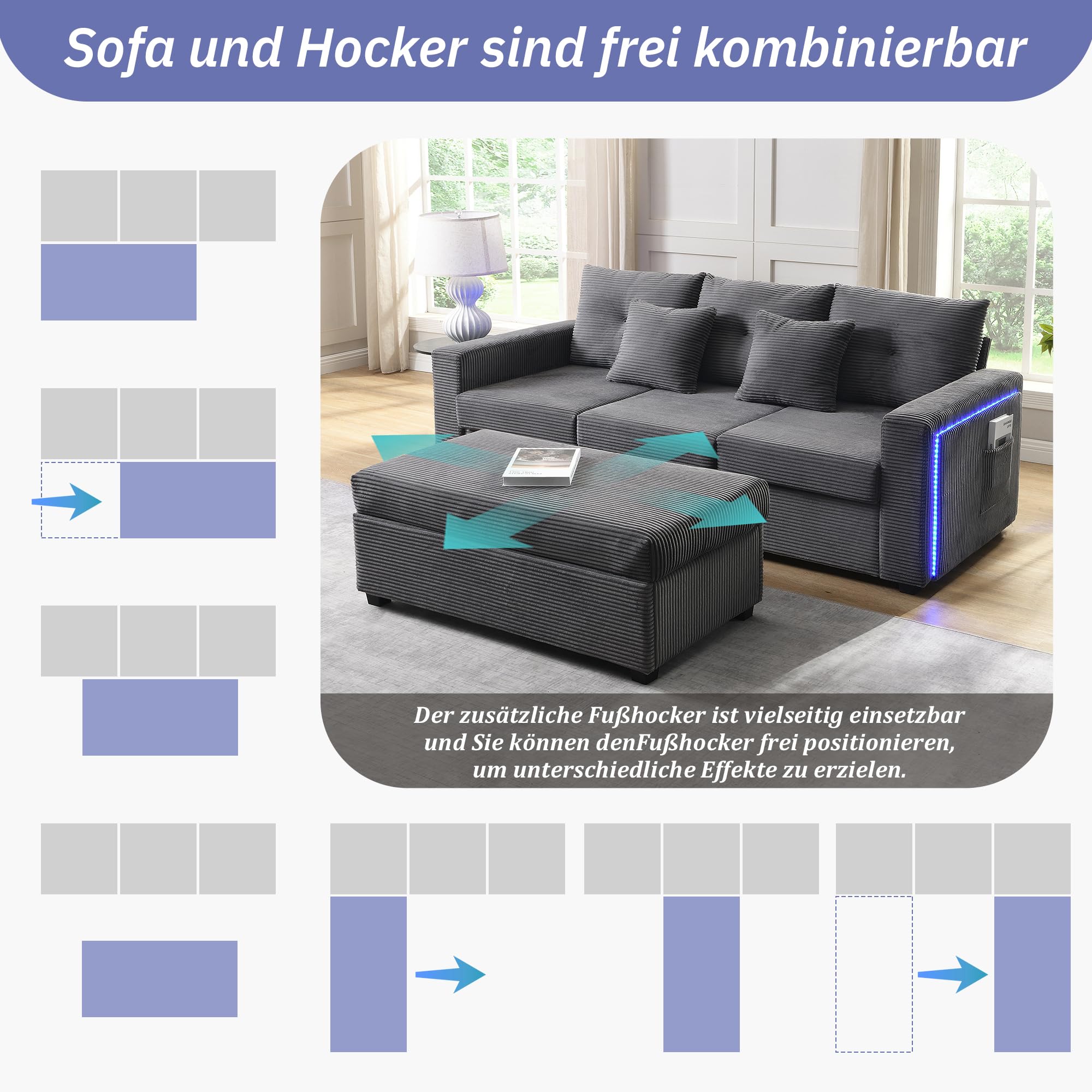 Divano angolare modulare a forma di L in tessuto a coste, divano con funzione letto, divano con illuminazione a LED, tasche laterali, sgabello regolabile e 2 cuscini, per soggiorno e camera da