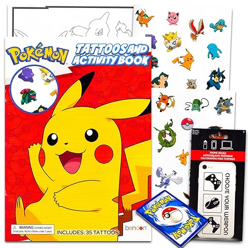 Paquete de tatuajes temporales de Pokémon, paquete con 35 tatuajes de Pokémon y libro para colorear de Pokémon más tarjetas de Pokémon  Suministros