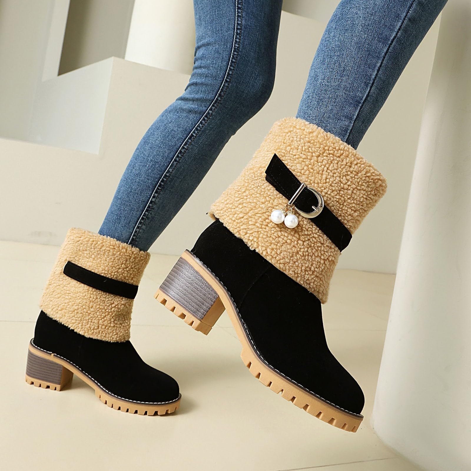 Generisch Stivaletti alla moda con colletto piegato, suola con plateau, comodi stivali invernali da donna, eleganti stivali a gambo corto con suola antiscivolo