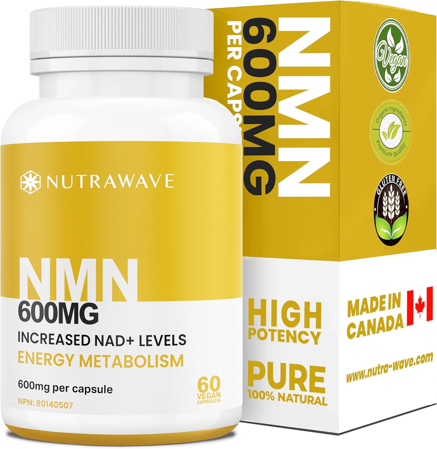 Nutrawave High Potency NMN Supplement Canada – 600mg NMN | Pure NAD+ Booster for Energy, Longevity, Brain & Metabolism | NAD Supplement, Non-GMO, Vegan, 60 Capsules