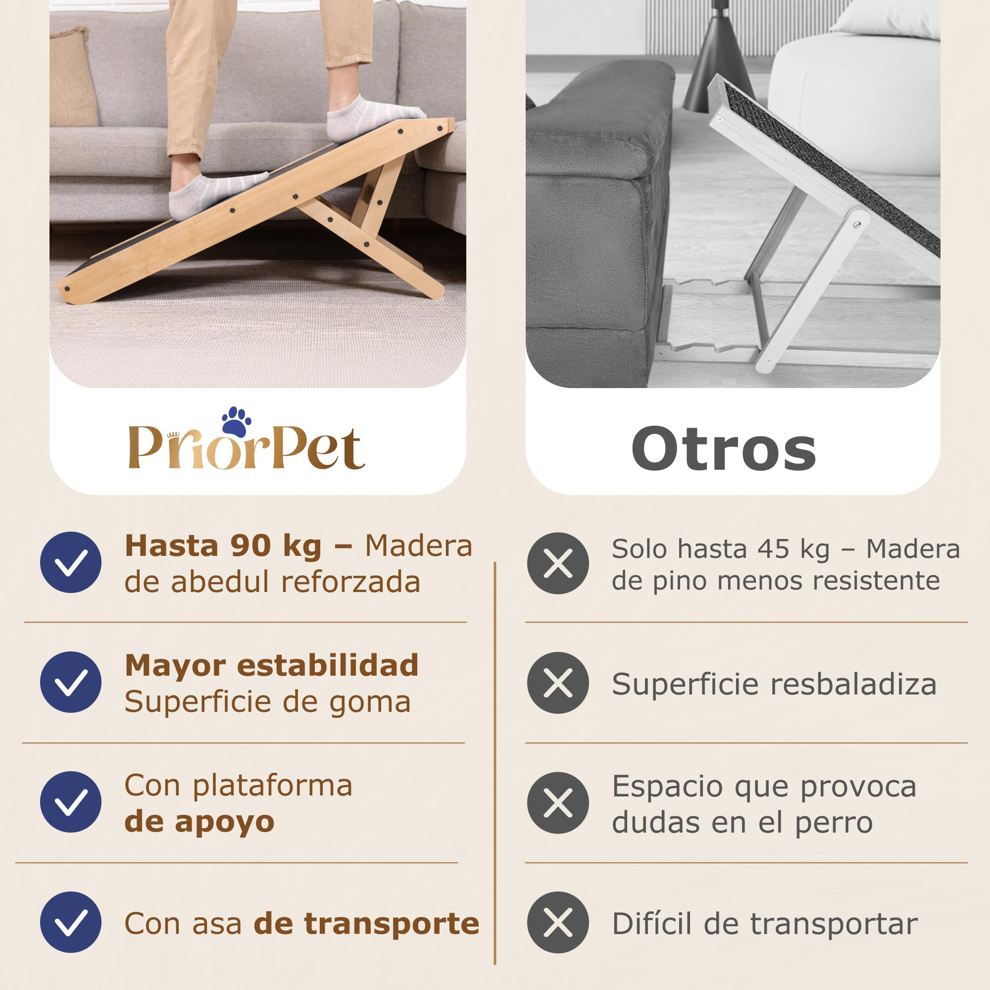 Rampa para Perros pequeños o Grandes - Ajustable 18-53 cm - para Cama y sofá - Madera de Abedul - La Plataforma se Conecta Perfectamente - Superficie Antideslizante - Natural