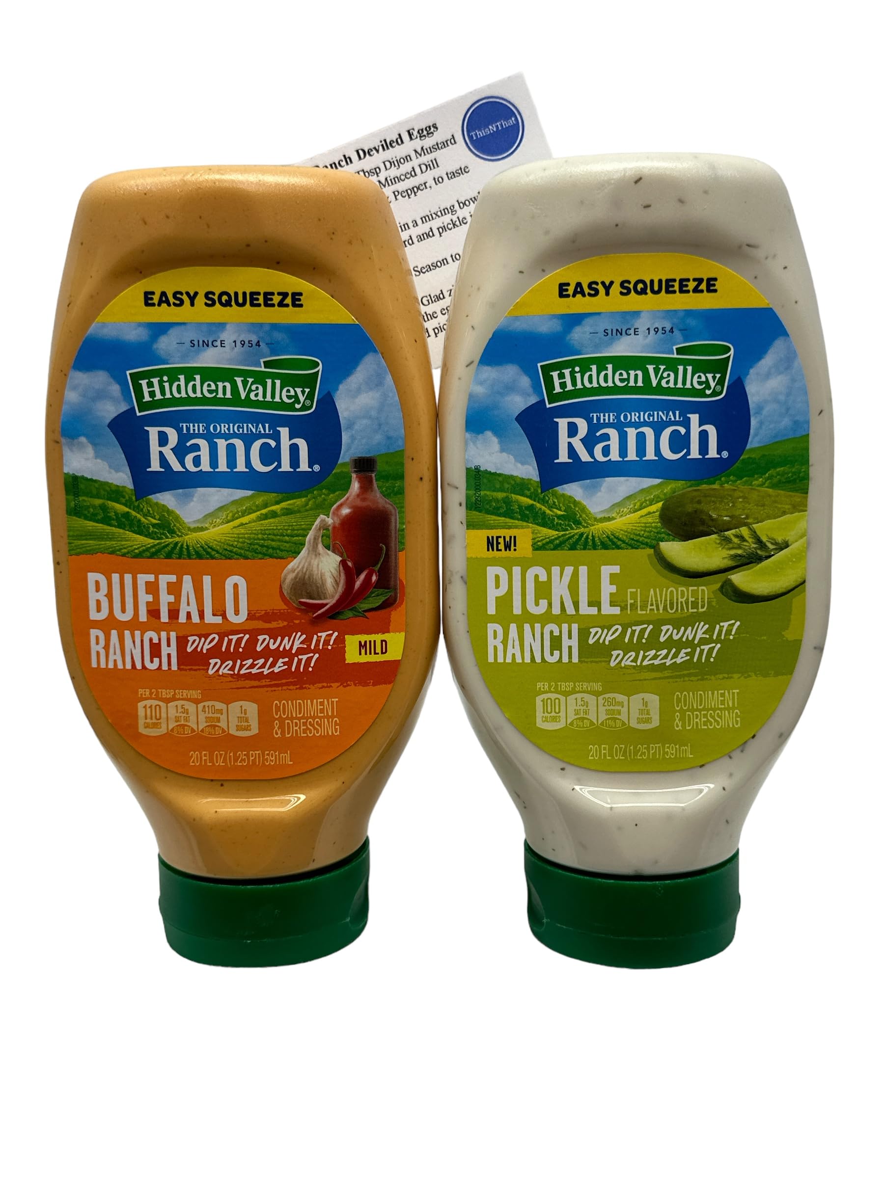 ThisNThat Easy Squeeze Flavored Ranch Dip Condiment & Dressing (große Flaschen): Enthält (1) Hidden Valley Buffalo Ranch (1) Pickle Ranch & ThisNThat Rezeptkarte