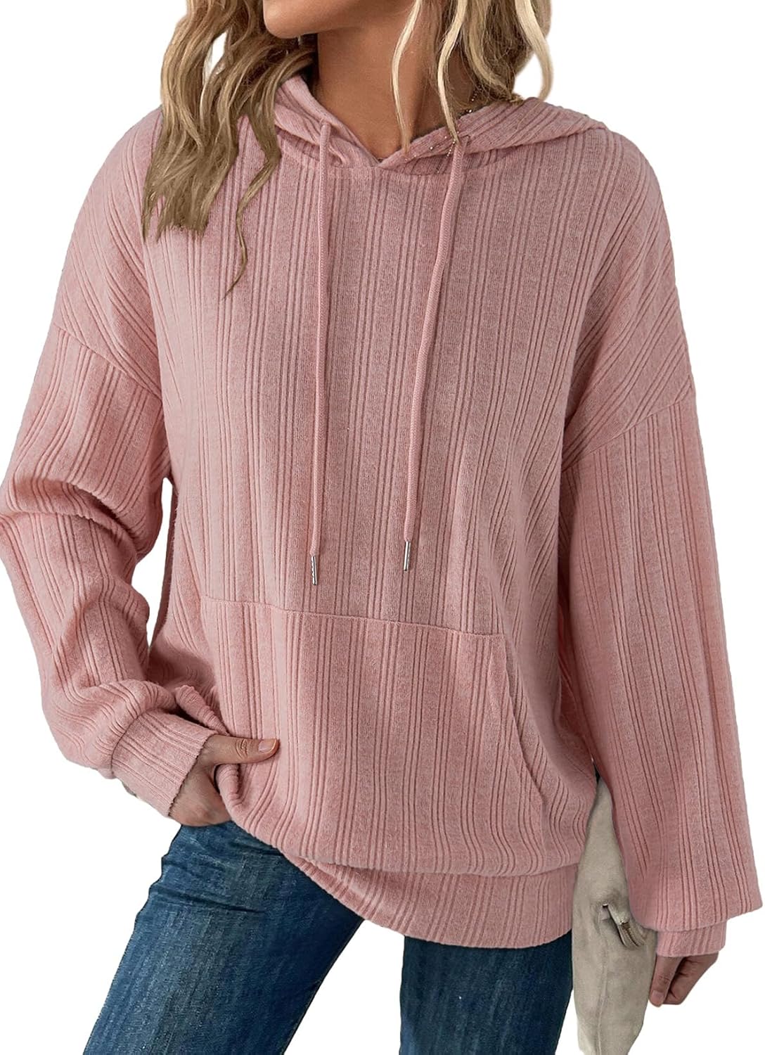 Hoodies for Women Casual Long Sleeve Sweatshirt for Women Loose Fit Ribbed Knit Drawstring Fashion Hooded Sweatshirts with Pocket Fall Outfits 2025 Pink Medium
