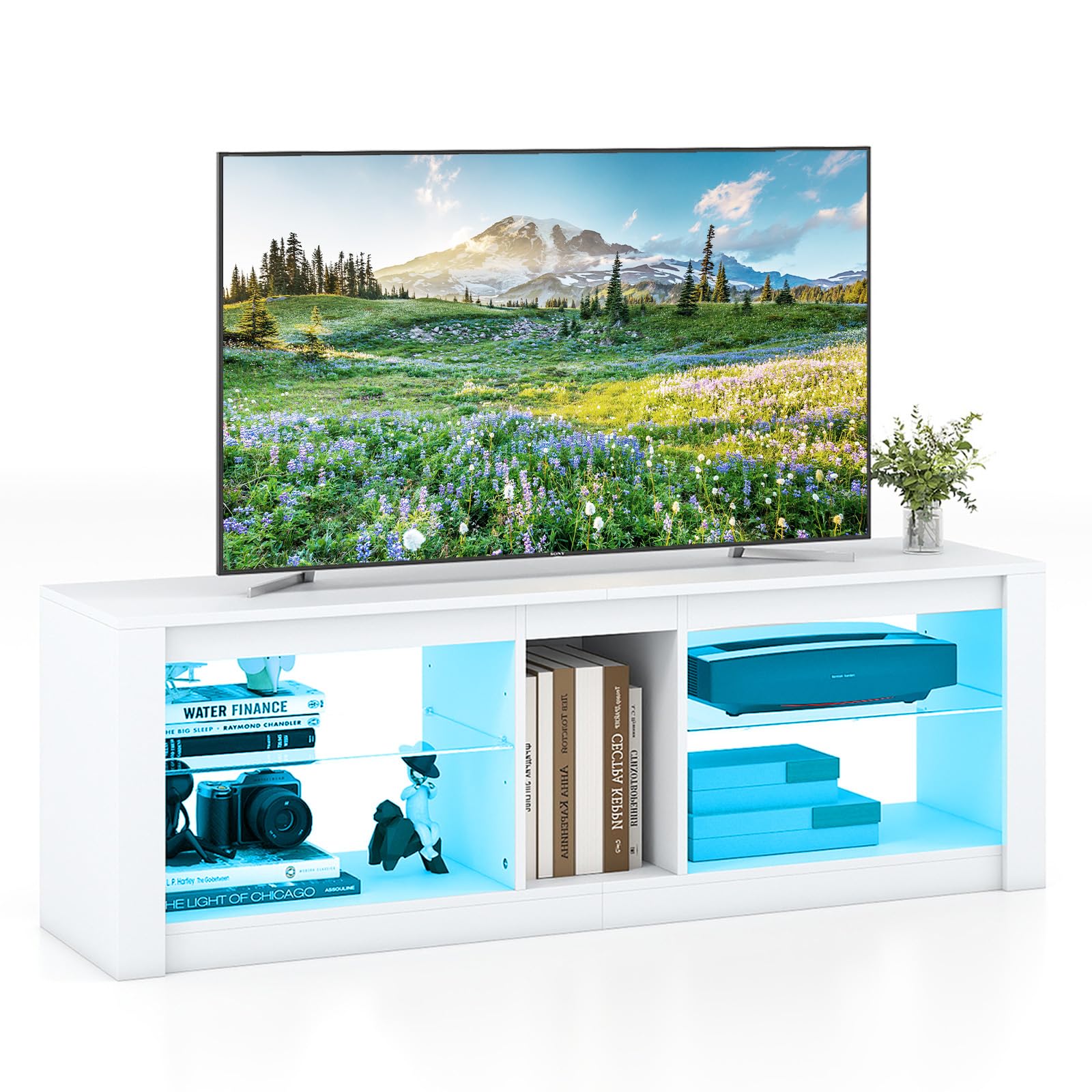 COSTWAY LED TV Stand Cabinet for 65 Inch TVs, Wooden Media Entertainment Center with RGB LED Lights and Adjustable Tempered Glass Shelves, 140cm Living Room Bedroom TV Unit Console Table (White)