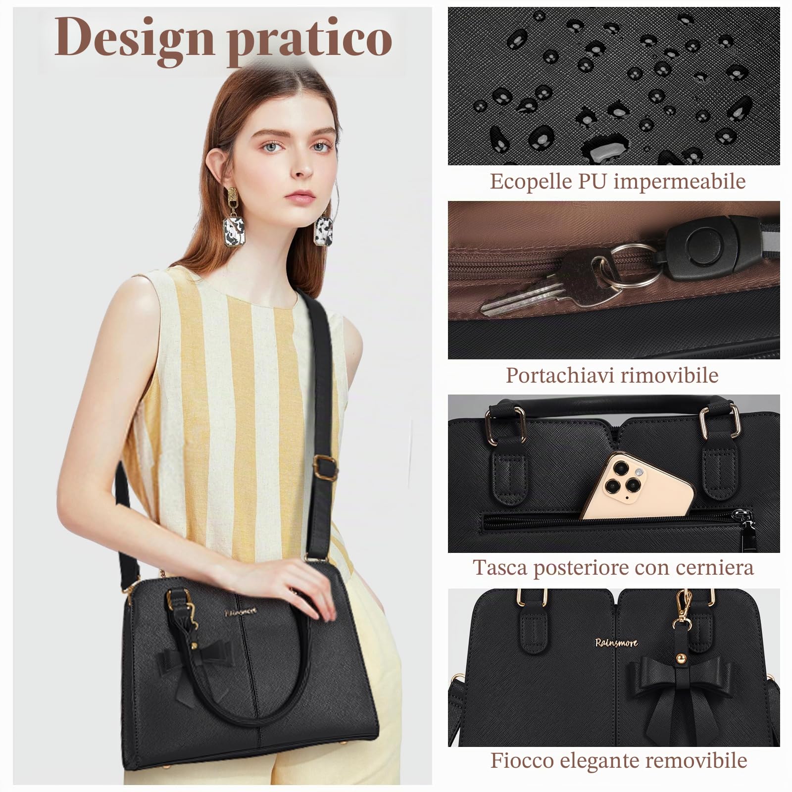 RAINSMORE Borsa Donna in Pelle PU Impermeabile Borsa a Mano con Antifurto Tasca Borse a Tracolla Borsetta Elegante con Fiocco Media Crossbody Tote Bag per Lavoro Shopping Scuola