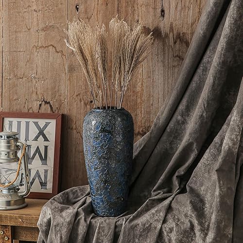 Miniatura 5 de Jarrón grande de cerámica, jarrones azules grandes para el hogar, jarrón rústico, florero decorativo de cerámica de 13 pulgadas para decoración del