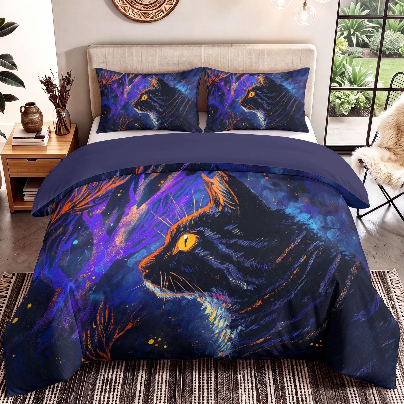 Generisch Fantasy komplet pościeli z motywem kota, lasu, motywem gwiazdek, 155 x 220 cm, 3-częściowy zestaw dekoracyjny, poszewka na kołdrę z mikrofibry, poszewka na kołdrę z 2 poszewkami na poduszkę