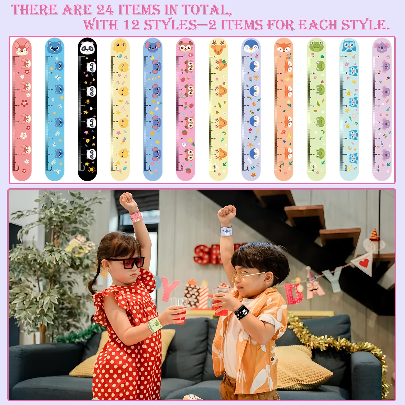 Viicoor Slap Bracelets for Kids 24PCS Ruler Style Slap Bands Party Gadget Fillers Favors, Ruler-24p, 25 cm - Image 2
