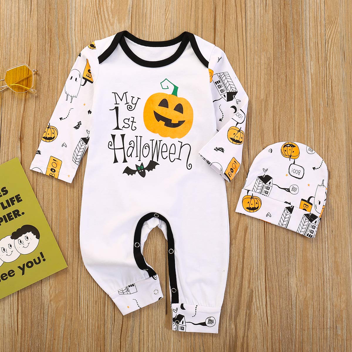 Infant Baby Boy Girl My 1st Halloween Outfits Long Sleeve Pumpkin Print Romper Jumpsuit with Hat Clothes Set (White,18-24 Months)