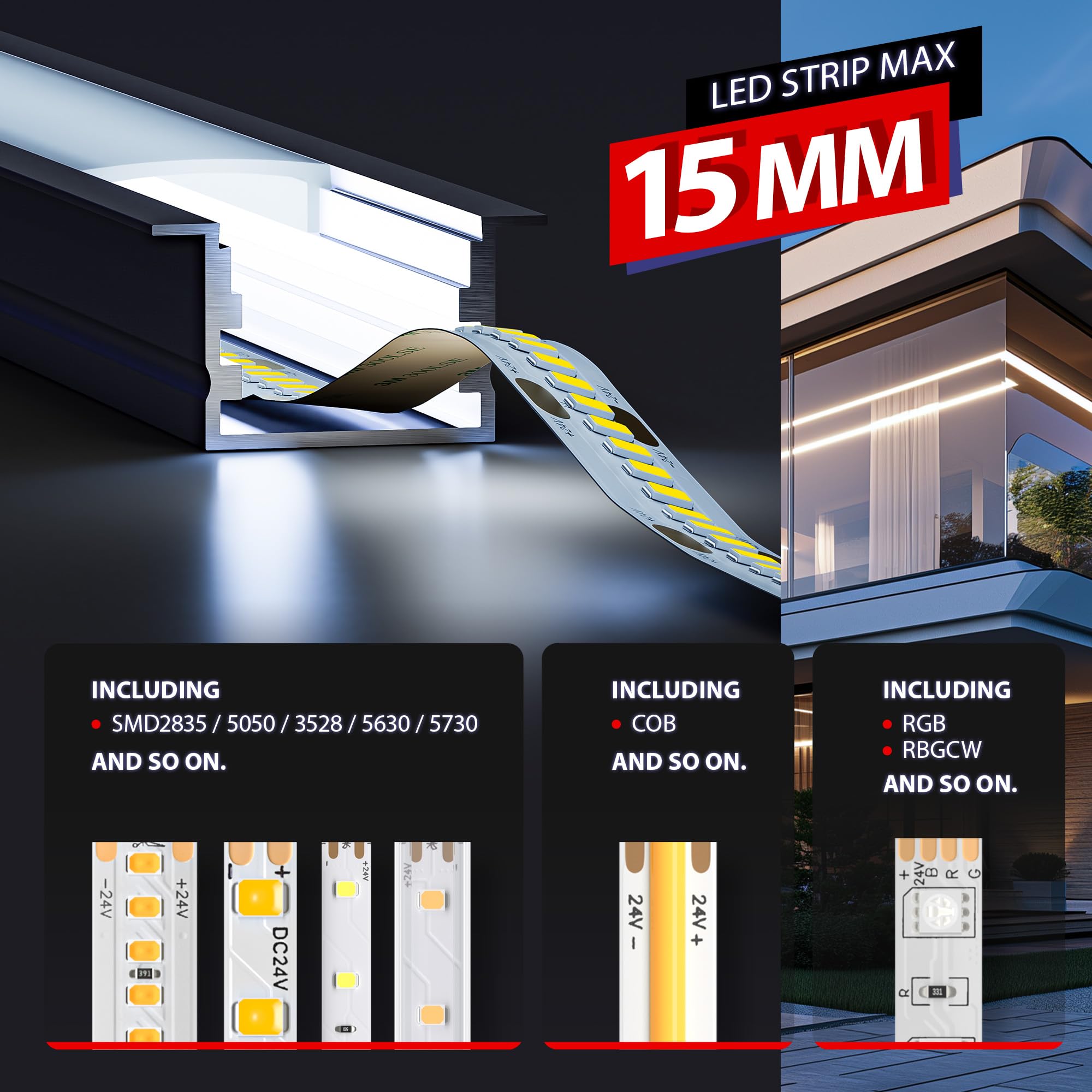 Perfil Aluminio para Tira LED 2m 6 Piezas - Compatible con tiras de hasta 15mm, montaje empotrado o en superficie, Canaleta Tira LED con difusor opaco y accesorios incluidos (2M 6 Piezas)