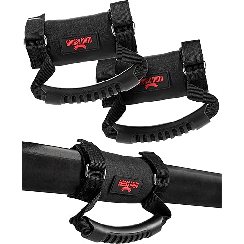 Badass Moto Roll Bar Grab Handles - SXS, ATV, & UTV Grab Handles Grips for 1.5 to 2" Rollbar - Black & Red Hand Grip Grabs with Stainless Steel Buckles for Honda, Teryx, Can-Am, Polaris, More - 2 pack