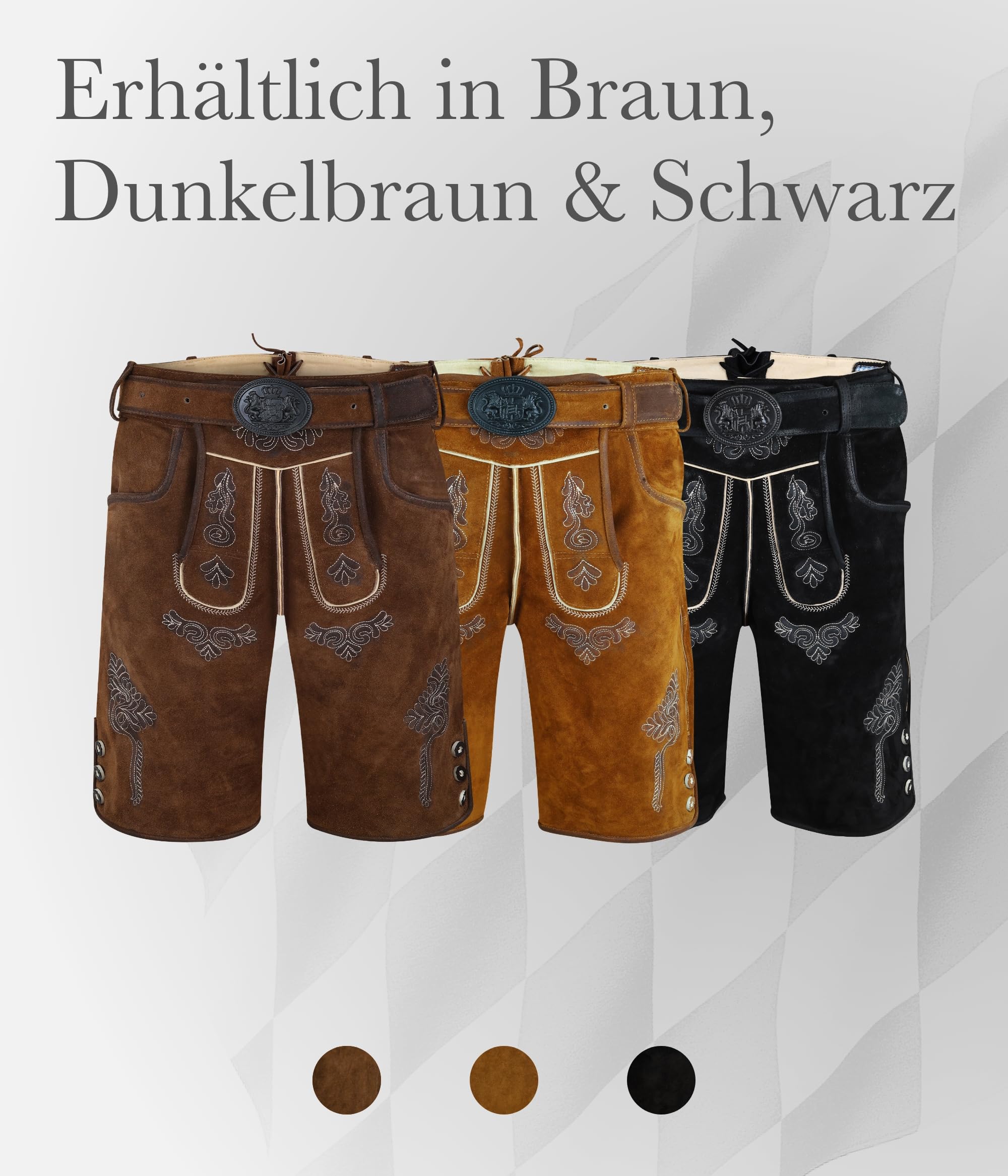 Lederhose Herren kurz I 100% Echtleder I Trachtenlederhose mit Gürtel I Ideal für Dein Oktoberfest Outfit I Traditionelle Trachtenhose Männer I Braun, Dunkelbraun, Schwarz Gr. 44-60
