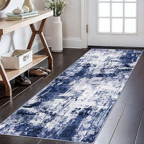 Miniatura 91 de KOZYFLY Alfombra moderna abstracta lavable de 2.6 x 10 pies, antideslizante, suave, alfombra de camino de cocina, alfombra a rayas azules óxido para
