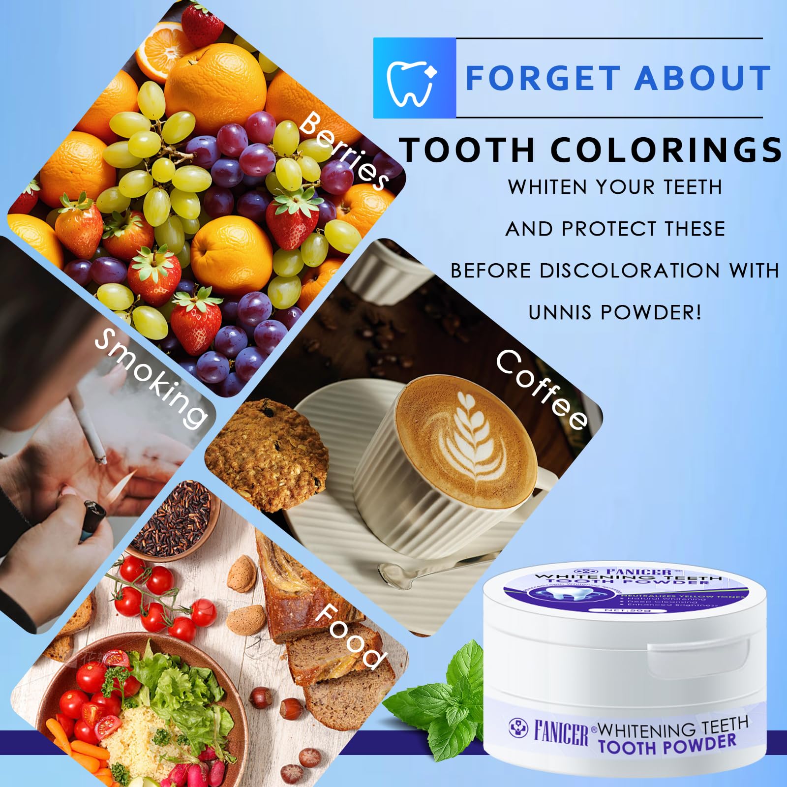 Polvere sbiancante per denti,50g agente sbiancante dei denti,olvere sbiancamento denti professionale,Usato per Sbiancare e pulizia dei denti e Alito Fresco