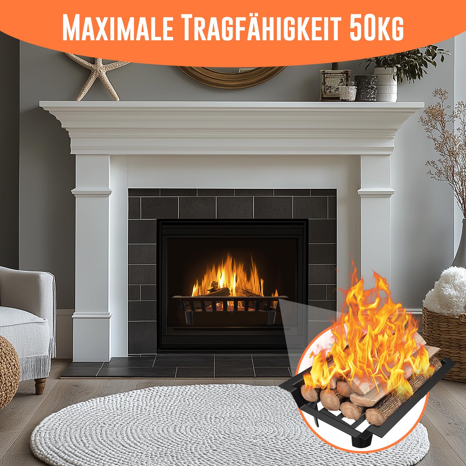 Kaminrost Kaminholz Kaminholzständer 46 x 31 x 13 cm Gusseisen Kaminroste Stabiles feuerrost mit Füßen Metall Feuergitter Kaminholzständer für Innenkamine, Camping im Freien