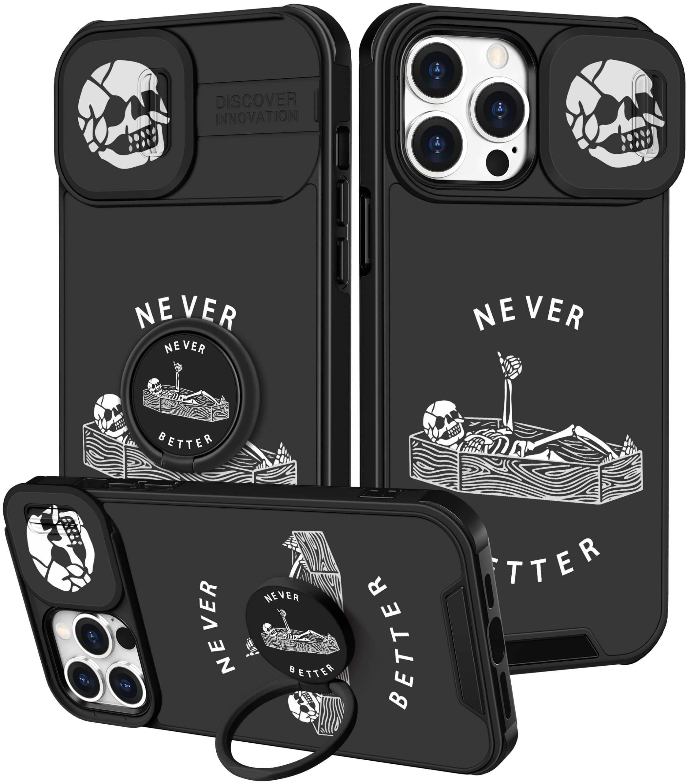 Pegmode (2in1 for iPhone 12 Case/iPhone 12 Pro Case Skull Skeleton Women Girls Cute Goth Phone Cases Fun Scary Design with Camera Cover+Ring Holder Cool Gothic Fashion for Apple 12/12 Pro Cover 6.1''