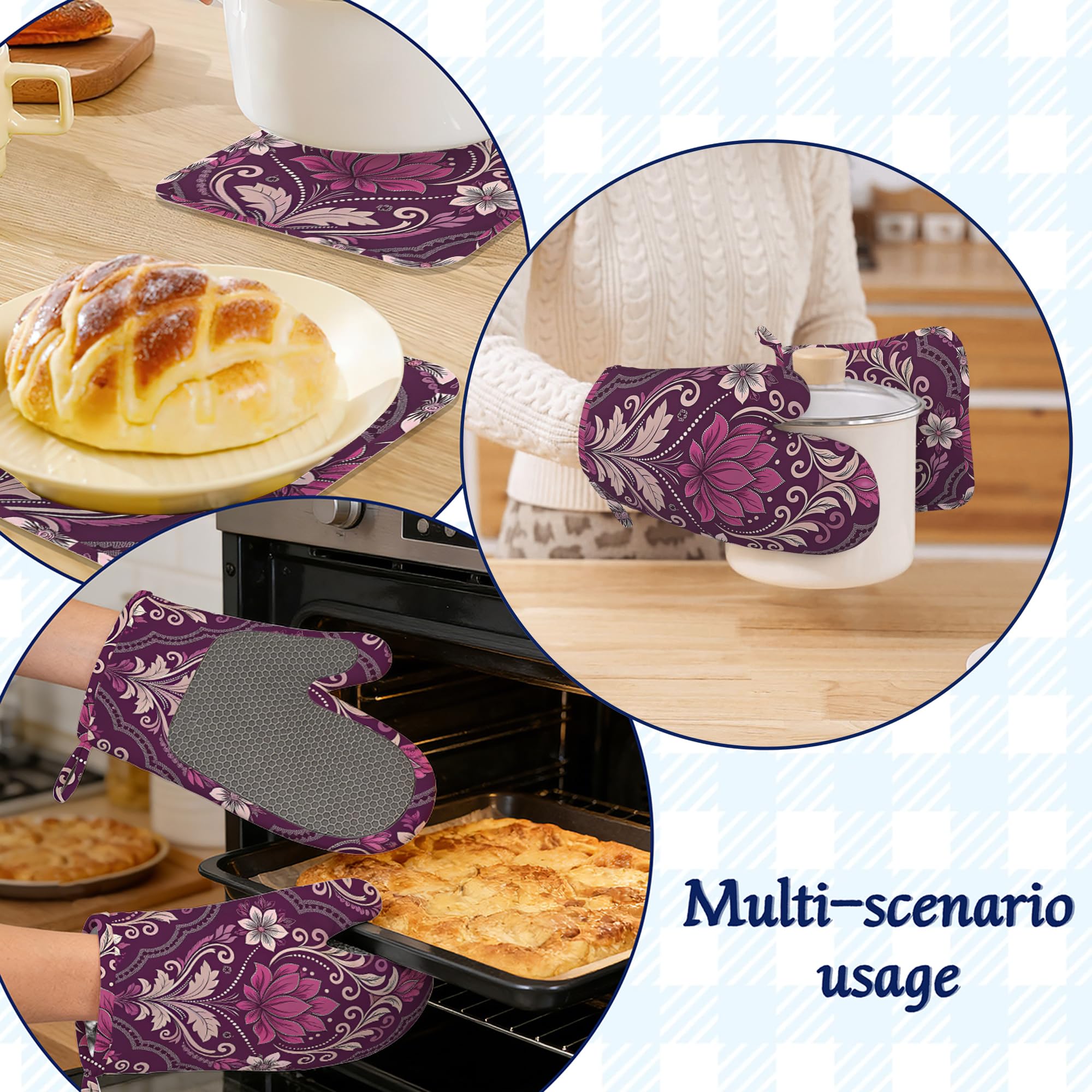 Ofenhandschuhe und Topflappen im Vintage-Stil, Paisleymuster, 4er-Set, violette Blume, hitzebeständige Silikon-Ofenhandschuhe, rutschfeste Küchenhandschuhe, Topflappen zum Kochen, Backen, Grillen