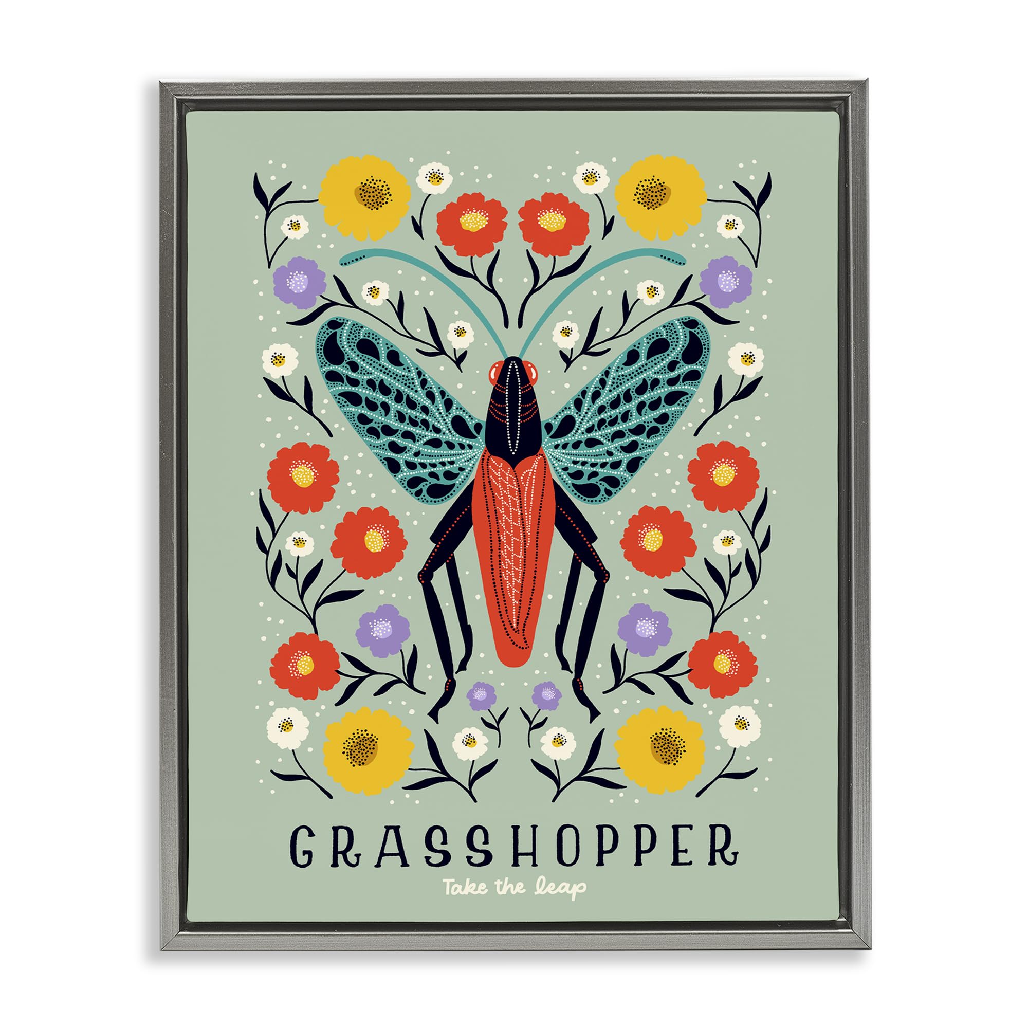 Stupell Industries Luster Gray (Matte) 'Symmetrical Grasshopper With Blooms'| Floating Frame Canvas Art
