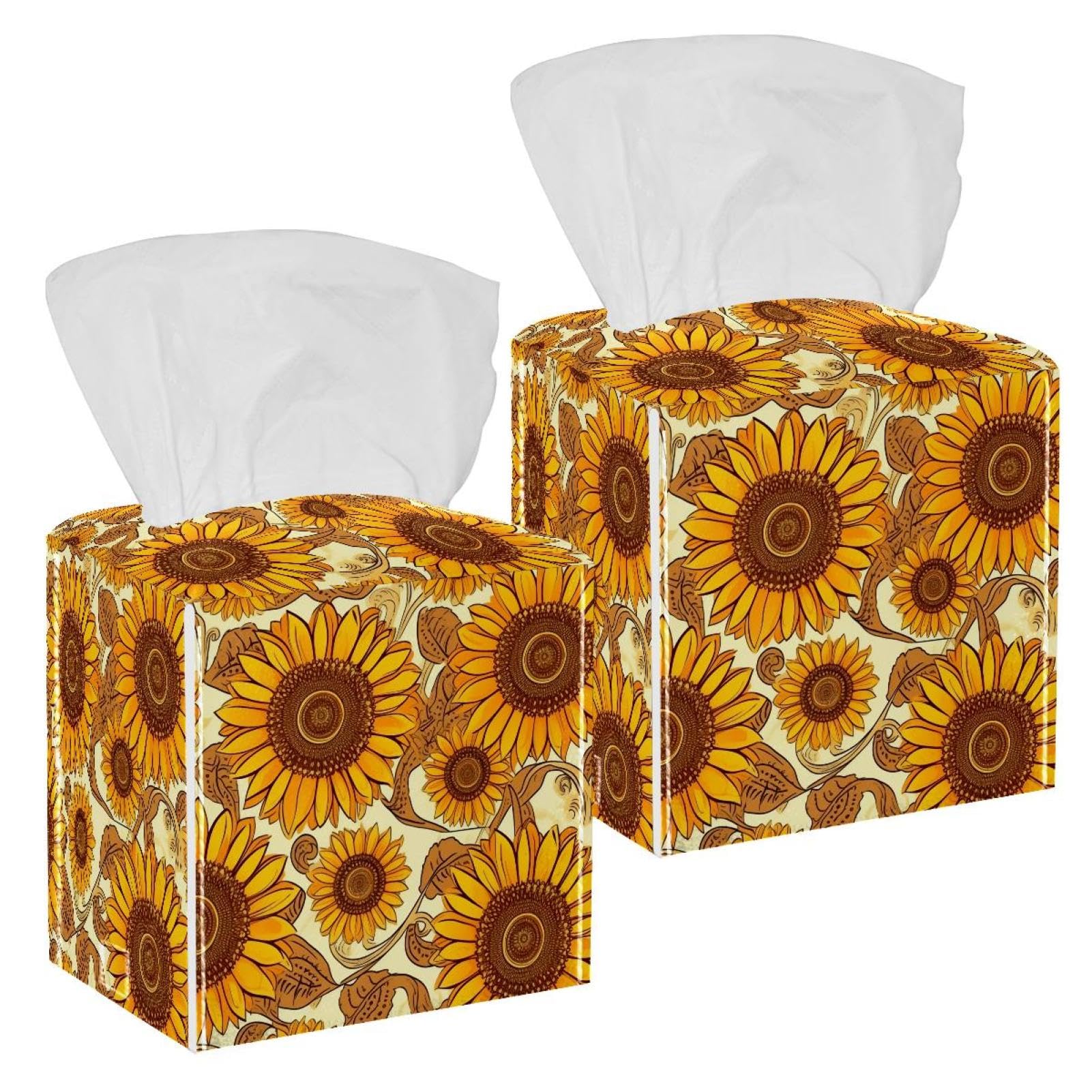 Sunflowers Tissue Box Cover, 2 Pack PU Leather Square Facial Tissue Dispenser Box holder for Home Office Car
