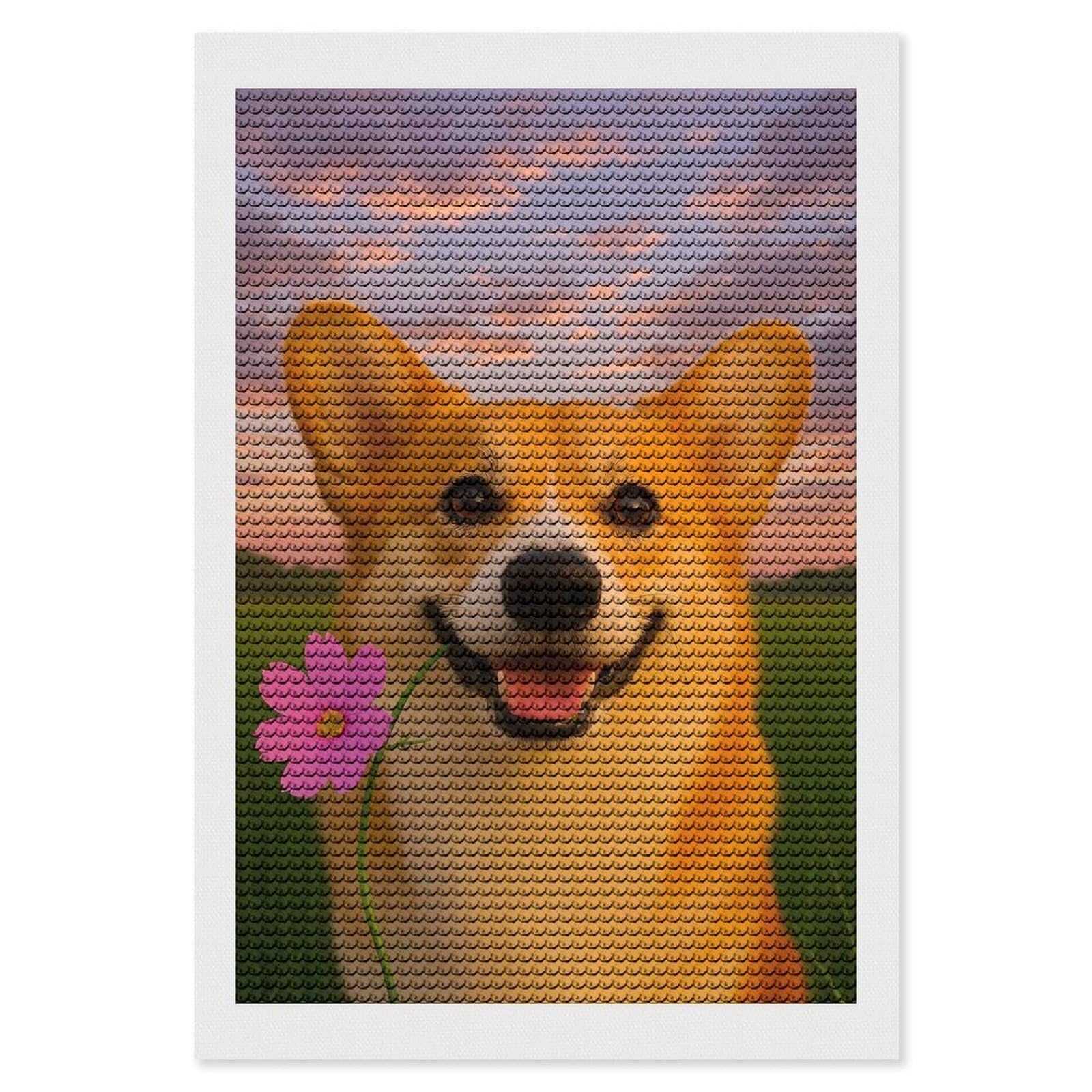 Junmoney Smiling Corgi with Flower Full Drill Diamond Painting Kit 8"x12", Mindful Craft Activity, Bedroom Decor, for Adults, Gift Idea