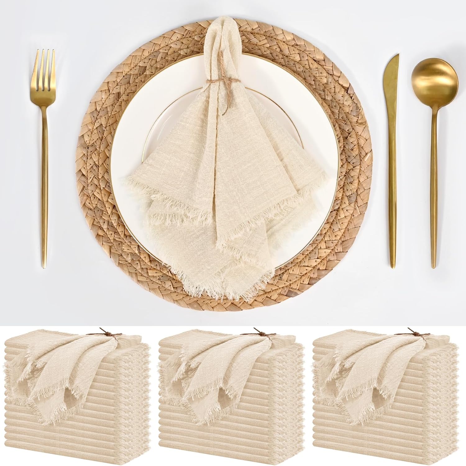 50 Pack Beige Napkins Cotton Linen Napkins Bulk 16 x 16 Inch Beige Cloth Napkins with Fringe Rustic Handmade Washable Dinner Napkins Cloth for Wedding Party Bridal Shower