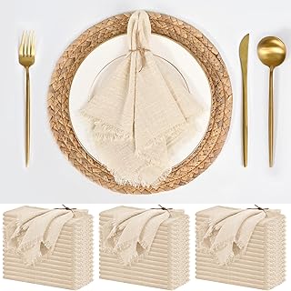 50 Pack Beige Cotton Linen Napkins - 16 x 16 Inch with Fringe - Rustic Handmade - Washable Dinner Napkins for Wedding Party Bridal Shower