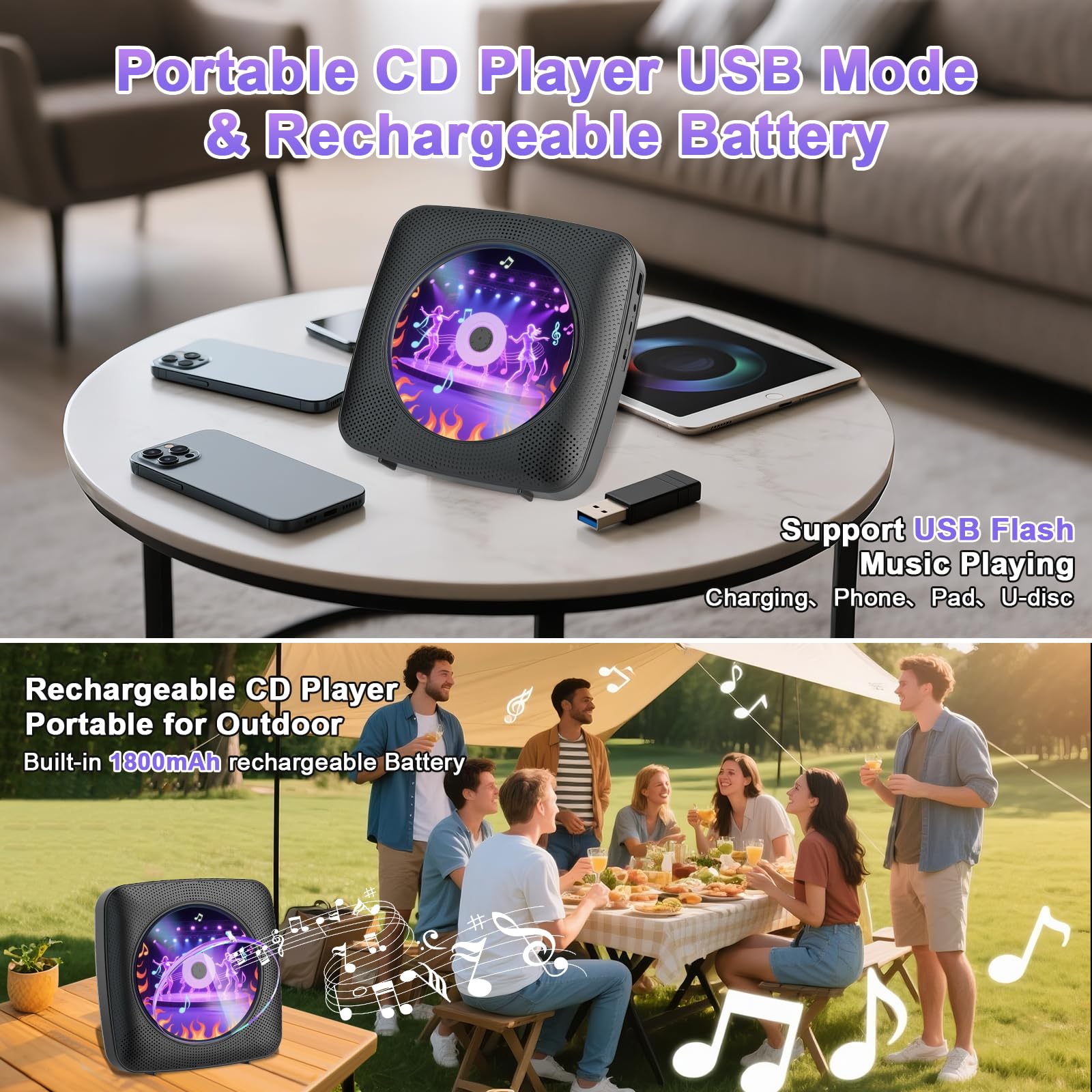 Gueray Lettore CD portatile Hifi Bluetooth con altoparlanti batteria ricaricabile 1800 mAh telecomando radio FM USB AUX Nero