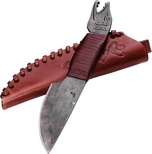 Toferner Cuchillo forjado a mano con cabeza de pez con funda, cuchillo vintage para colección antigua, funda de cuero auténtico, hoja endurecida,