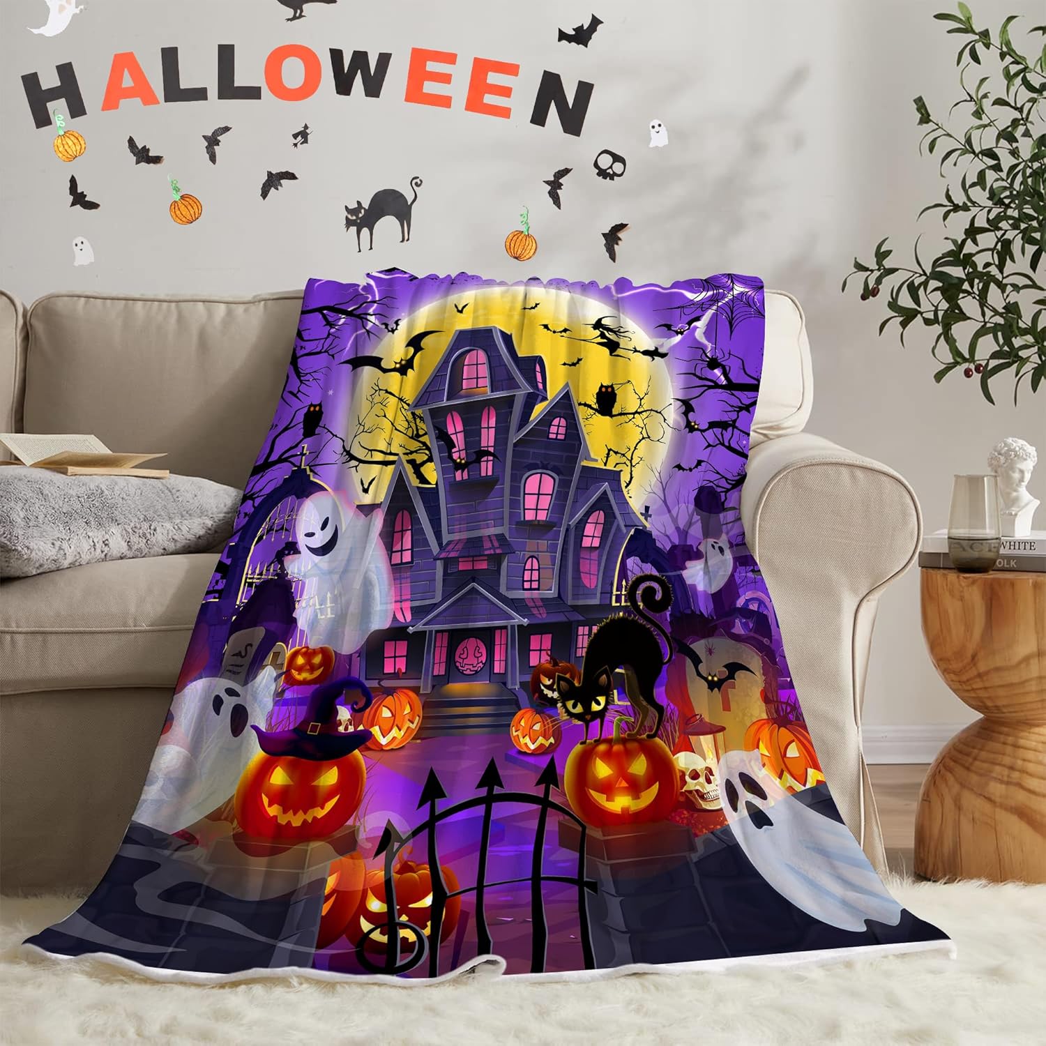 Halloween Blanket, Spooky Ghosts Blanket for Women, Castle Jack-O-Lantern Pumpkins Soft Flannel Fleece Throw Blankets for Kids Bed Living Room Couch, 50x60 Inches, Purple for Girls Boys - Image 4
