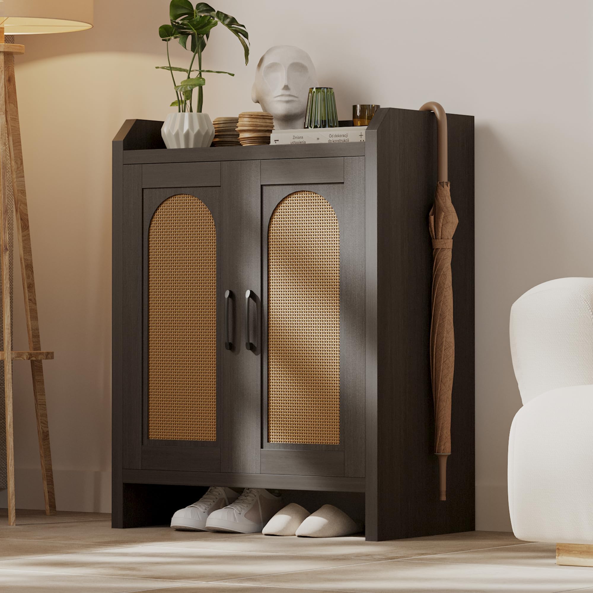 Mericonia Shoe Cabinet Storage for Entryway, Natural Rattan Shoes Cupboard, Wooden Shoe Rack with Doors and Shelves, Farmhouse Boho Wood Shoe Organizer Cabinet for Hallway Black