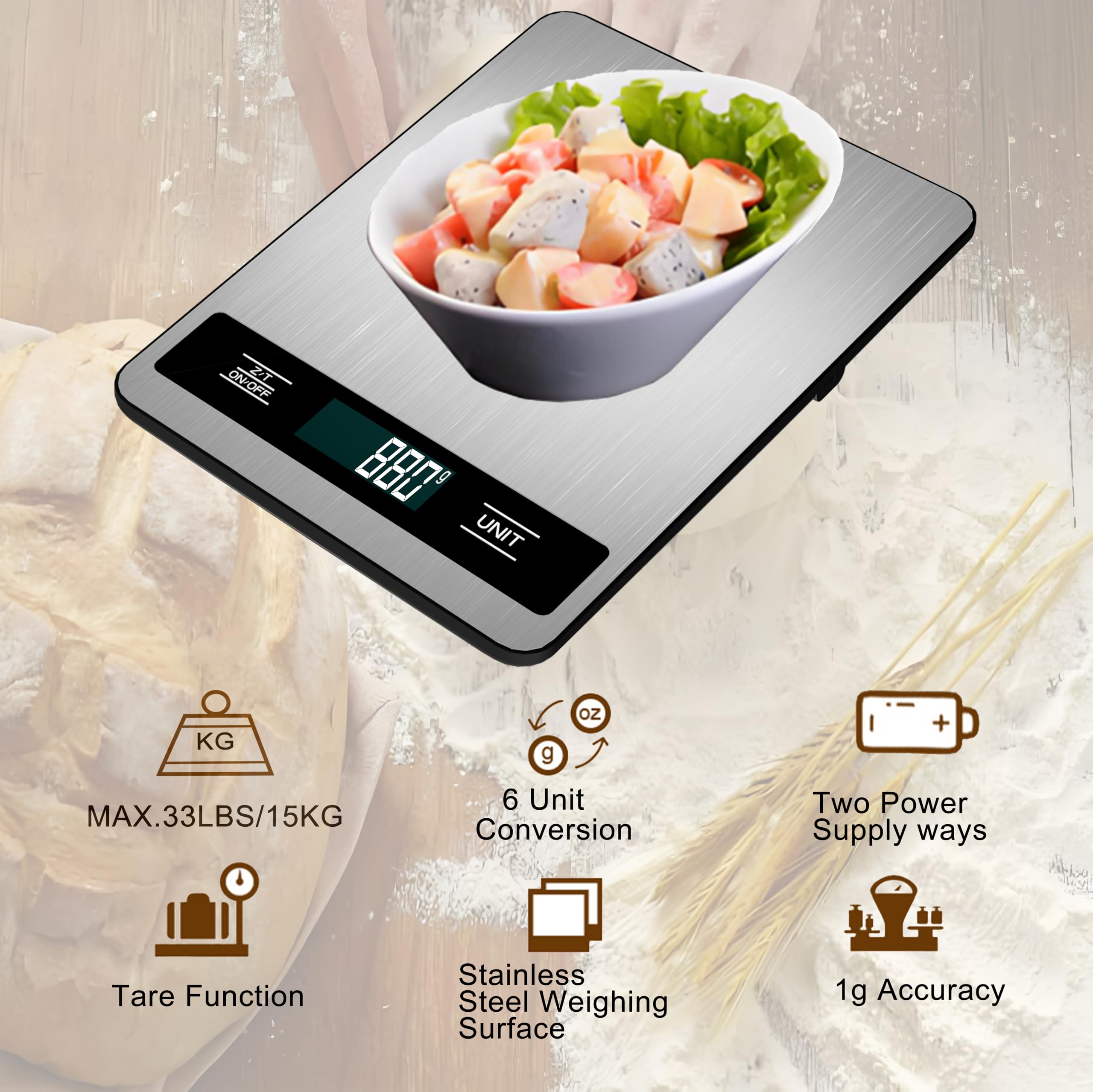 Báscula digital de cocina, 33 lb/15 kg de peso de alta capacidad para hornear, cocinar y preparar comidas, precisión de 1 g, 6 unidades con función de tara, recargable por USB (estilo B)