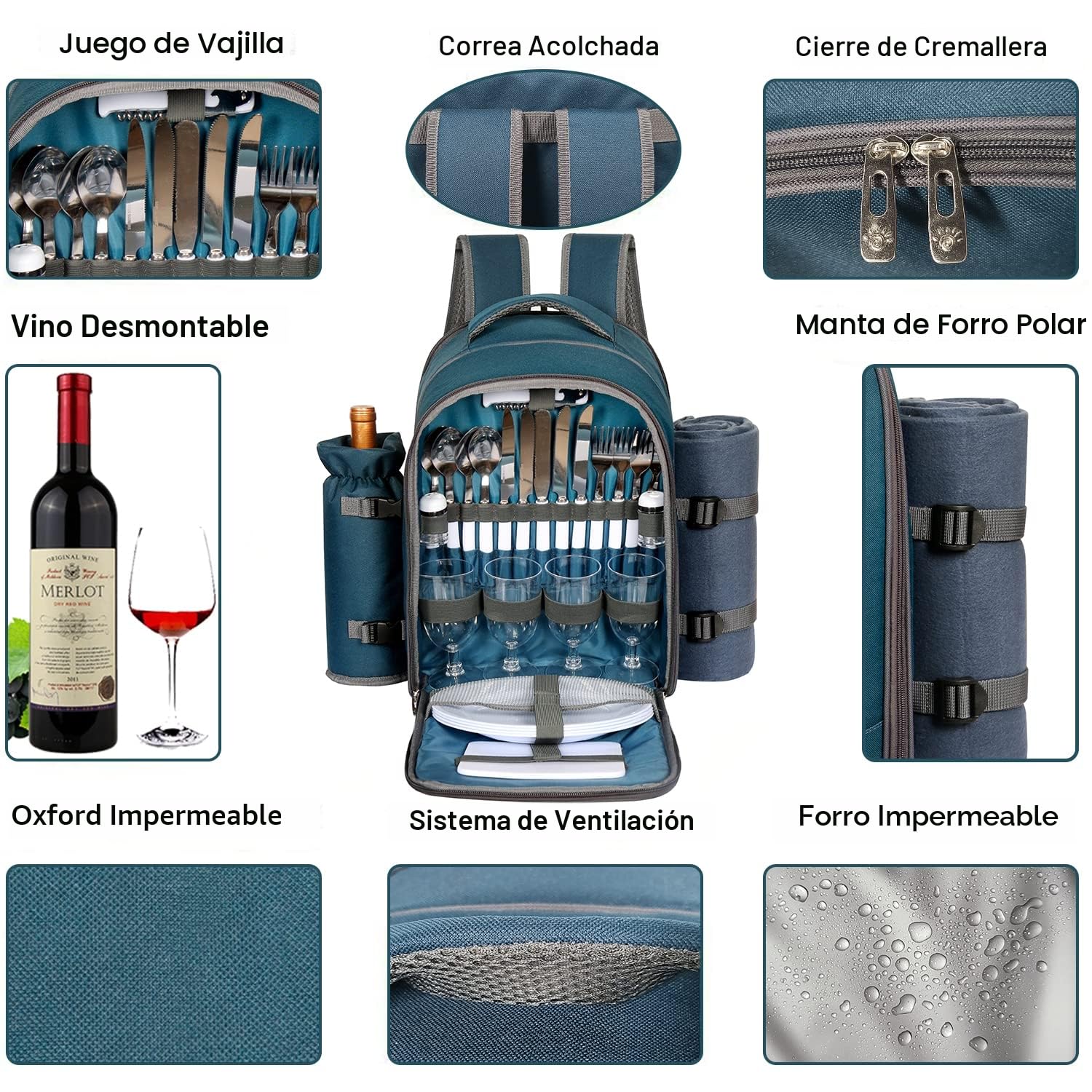 Hap Tim Mochila de Cesta de Picnic para 4 Personas con Manta, Soporte para Vino, Compartimento refrigerador, Juego de Cubiertos, Regalos para Parejas, Regalos para señor y señora(3065-BL)