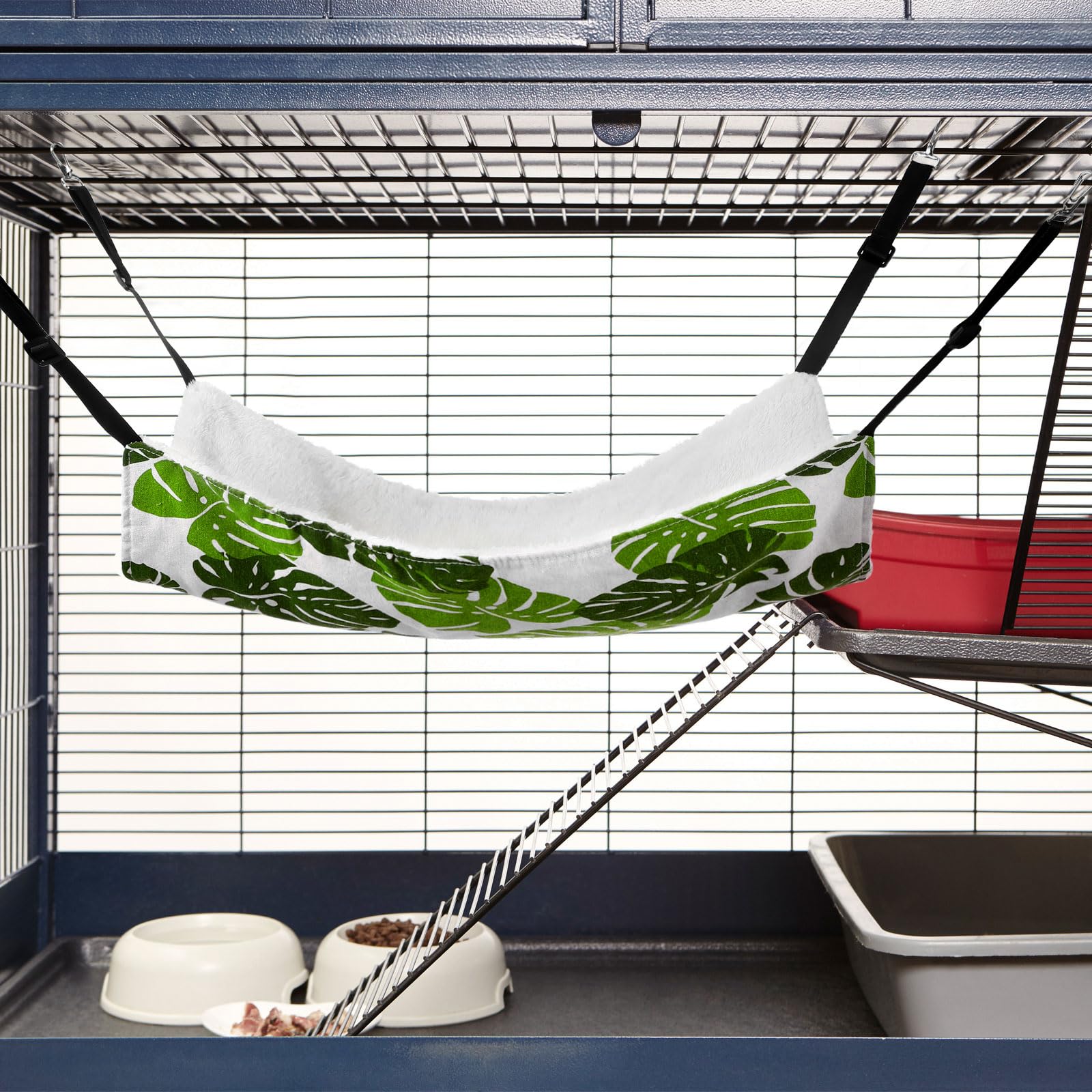2 Pieces Reversible Cat Hanging Hammock Soft Breathable Pet Cage Hammock with Adjustable Straps and Metal Hooks Double Sided Hanging Bed for Small Dogs Rabbits(Monstera Leaf,L) 4
