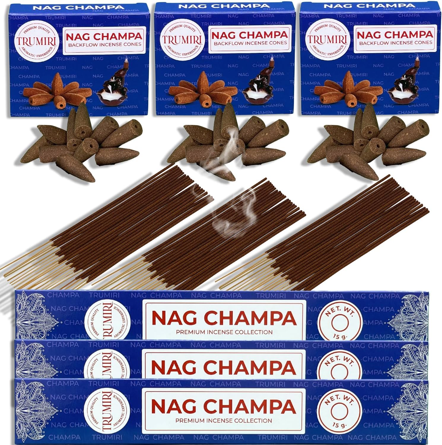Nag Champa Incense Sticks & Backflow Incense Cones for Waterfall Combo Pack 45