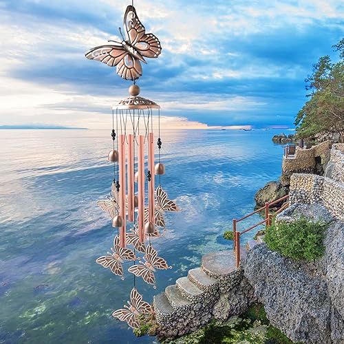 Vista 5 de Campanillas de viento de mariposa de latón, campanillas de viento de condolencias para exteriores, regalos para mamá, decoración de campanillas