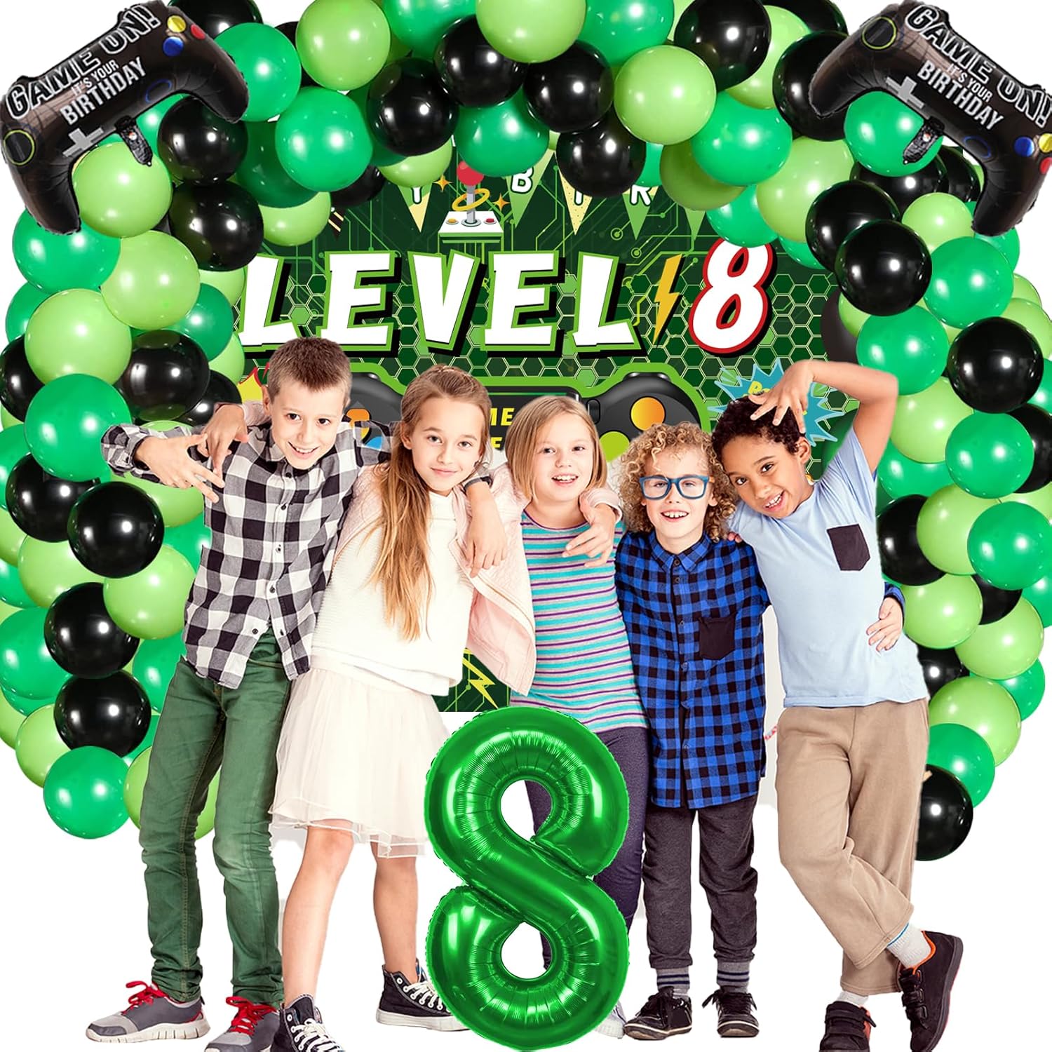 Vlipoeasn 90PCS 8th Birthday Video Game Party Decorations for Boys, Green 8th Birthday -Video Game Backdrop, Balloons, Tablecloth, Gamer and 8 Foil Balloons for 8th Year Old Party Supplies